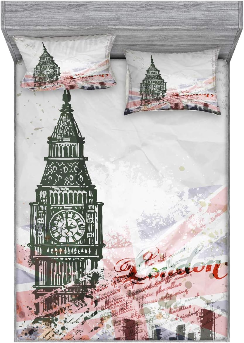 Ambesonne London Fitted Sheet & Pillow Sham Set, Hand Drawn Illustration of Big Ben London England Flag Vintage Historic City Design Print, Decorative Printed 3 Piece Bedding Decor Set, Full, Grey