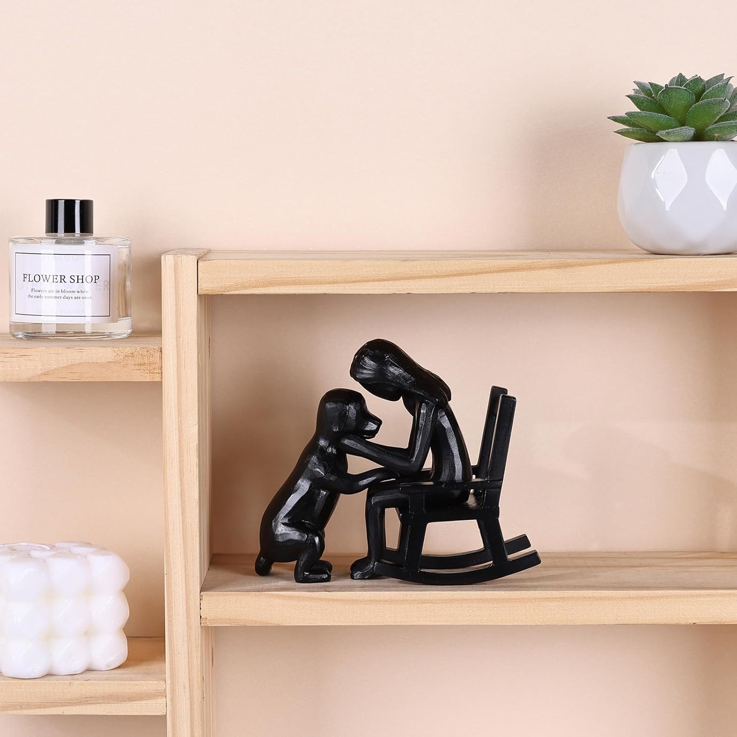 Man and Dog Figurine, Dog Memorial Gifts for Loss of Dog, Dog Sculpture Home Decor, Decorative Figurines for Shelves, Bookshelf, TV Stand, Office and Living Room Decor (Black)
