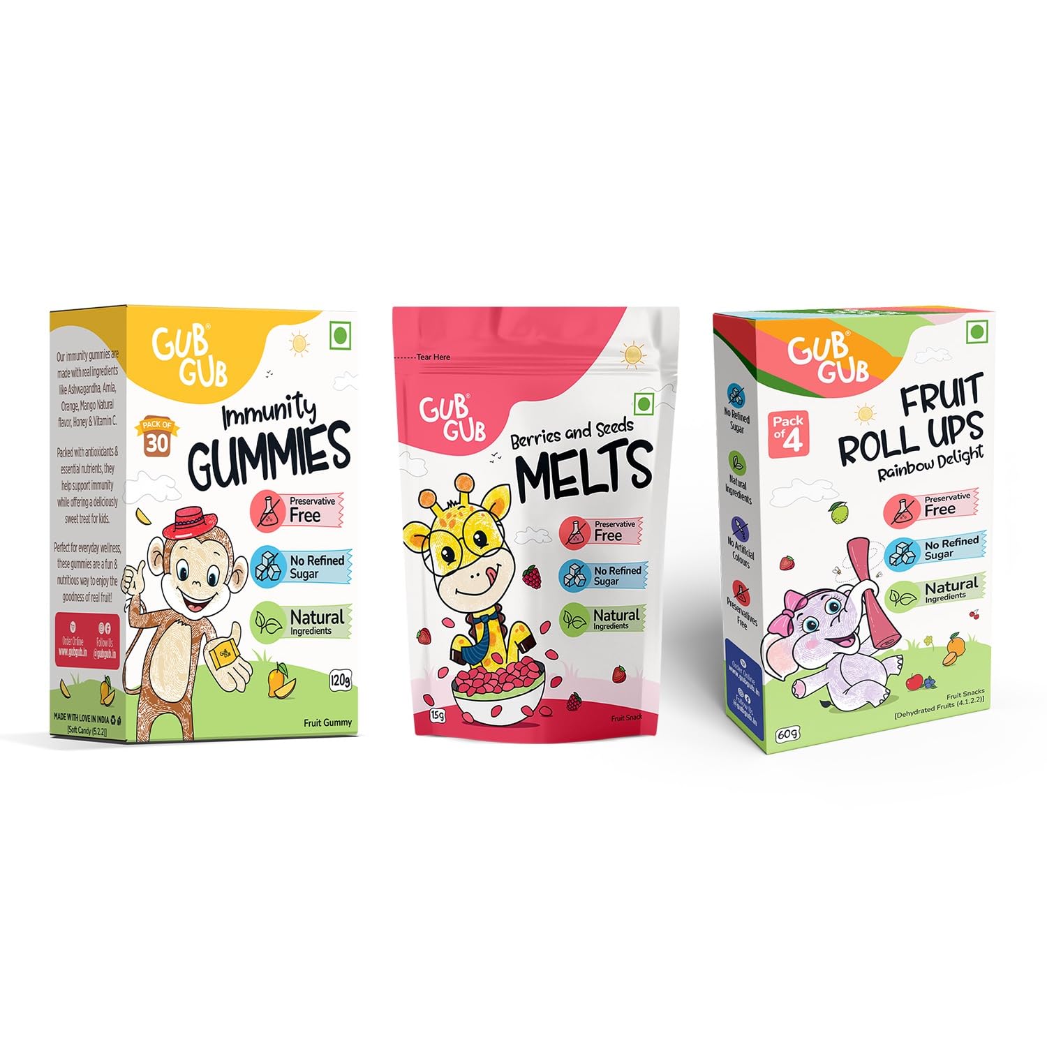 GubGub Kids Healthy Snack Combo | Immunity Gummies, Berries & Seeds Melts, Fruit Roll Ups | No Refined Sugar Snacks for Kids 2-15 Years | Natural Nutritious Fruit Treat Pack | Bundle Gift Set-image-26