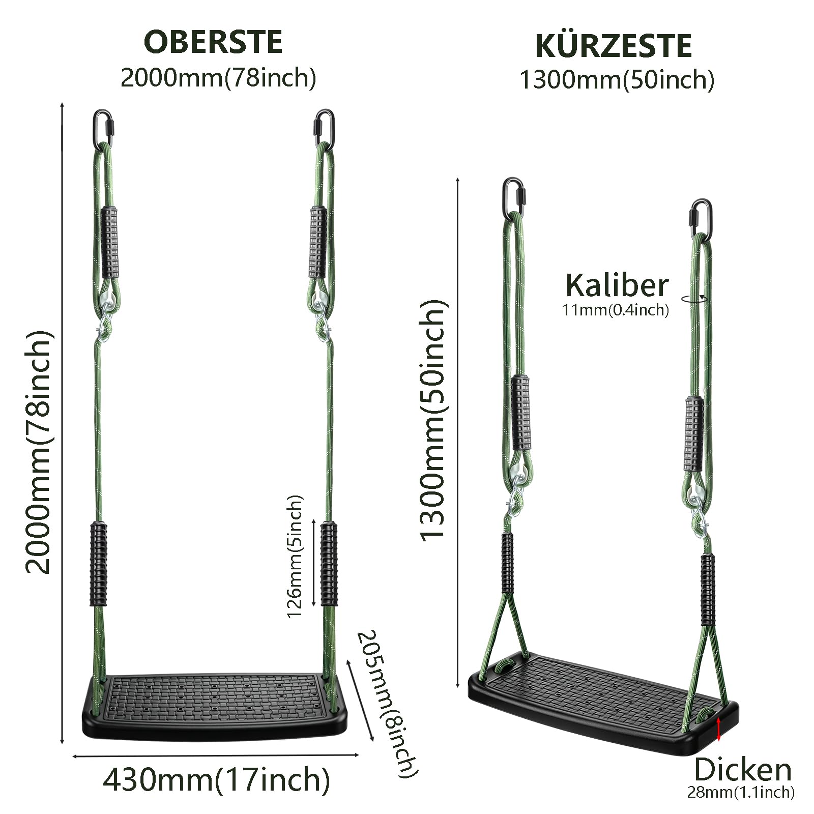 Schaukel Erwachsene, Indoor Outdoor Kunststoff Schaukelsitz Set | Mit Verstellbarem Seil 130 cm-200 cm und 2 Karabinern, für Kinder/Erwachsene Spielplatz Schaukel Garten Schaukel, Schwarz