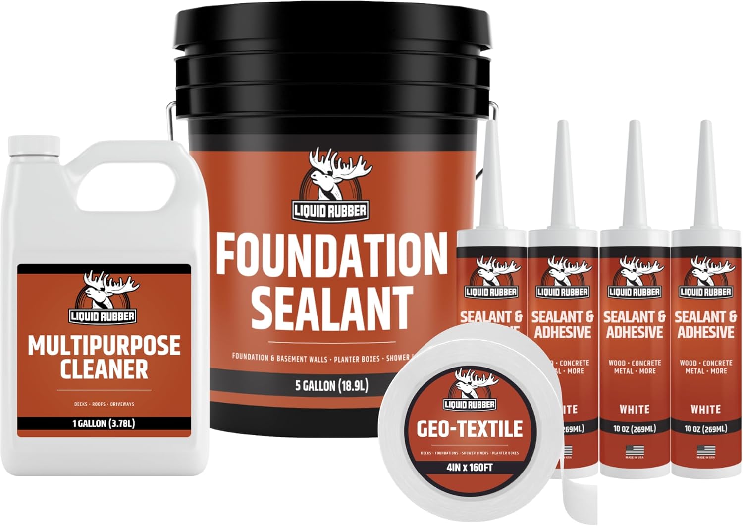 Liquid Rubber Exterior Foundation Kit - 5g Foundation Sealant, Cleaner 1g, Geo-Textile 4inx160ft, Caulk & Adhesive 4pk