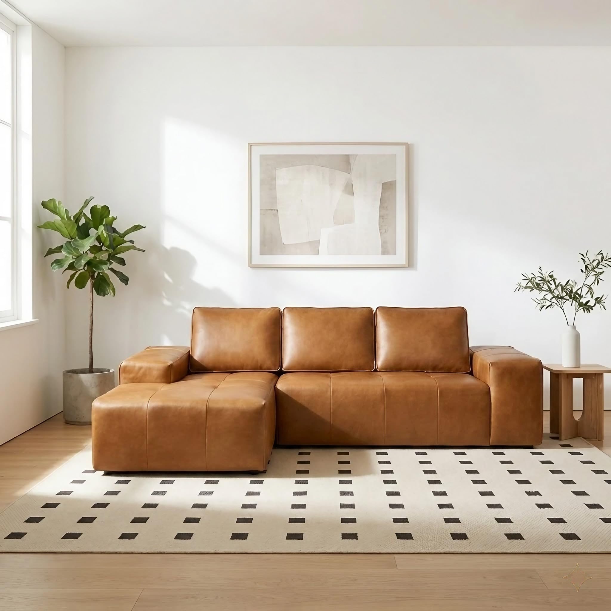 114 Inch Boneless Sectional Couches for Living Room, Brown Cloud Faux Leather Couch in a Box, Modular Sectional Sofas for Living Room, L Shaped Couch with Chaise, Memory Foam Deep Seat, Left Chaise | Pet and kid friendly, Pillow back support, Soft seating comfort, No tools required, Easy-care Leather(left side only) (Incomplete)