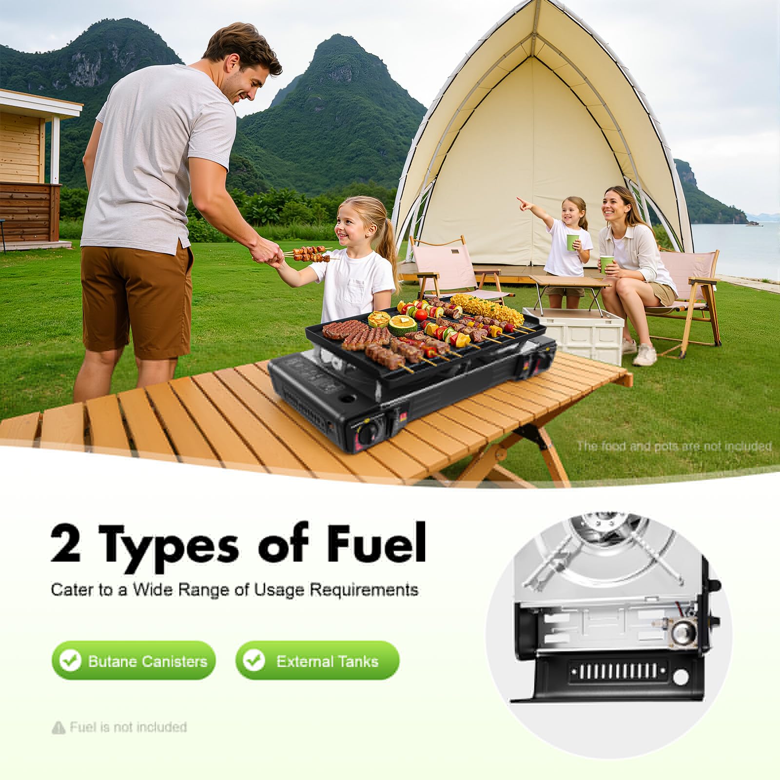 Fornello a gas a 2 luci, con accensione piezoelettrica, 2 in 1, set per barbecue a gas da campeggio, a 2 luci, con piastra grill, valvola di protezione da sovrapressione, fornello da campeggio per