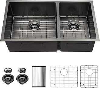 Mocoloo 33 Inch Black Double Bowl - 33 x 19 Undermount Kitchen Sink 16 Gauge Stainless Steel Sink 10 Inch Deep Handmade Basin, Nano Gunmetal Black