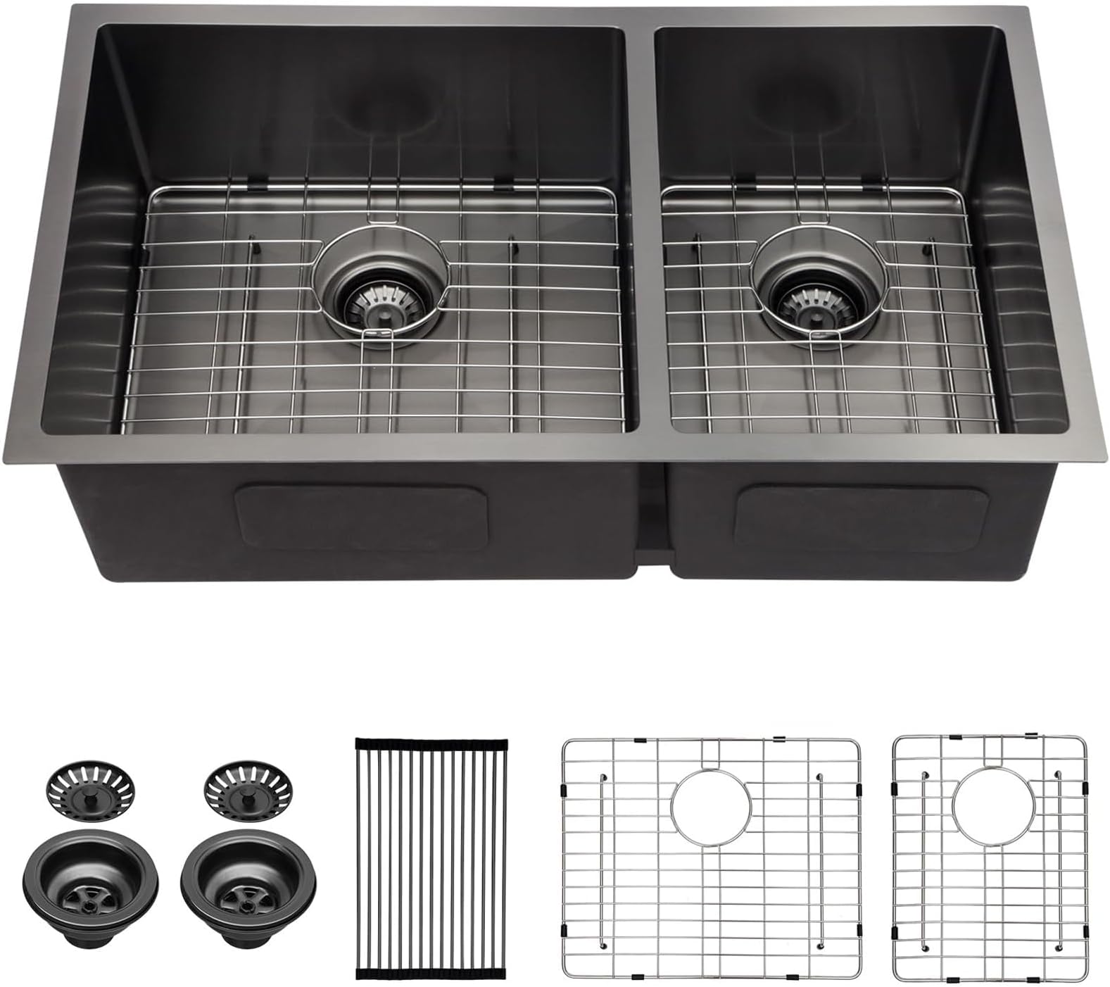 Mocoloo 33 Inch Black Double Bowl - 33 x 19 Undermount Kitchen Sink 16 Gauge Stainless Steel Sink 10 Inch Deep Handmade Basin, Nano Gunmetal Black