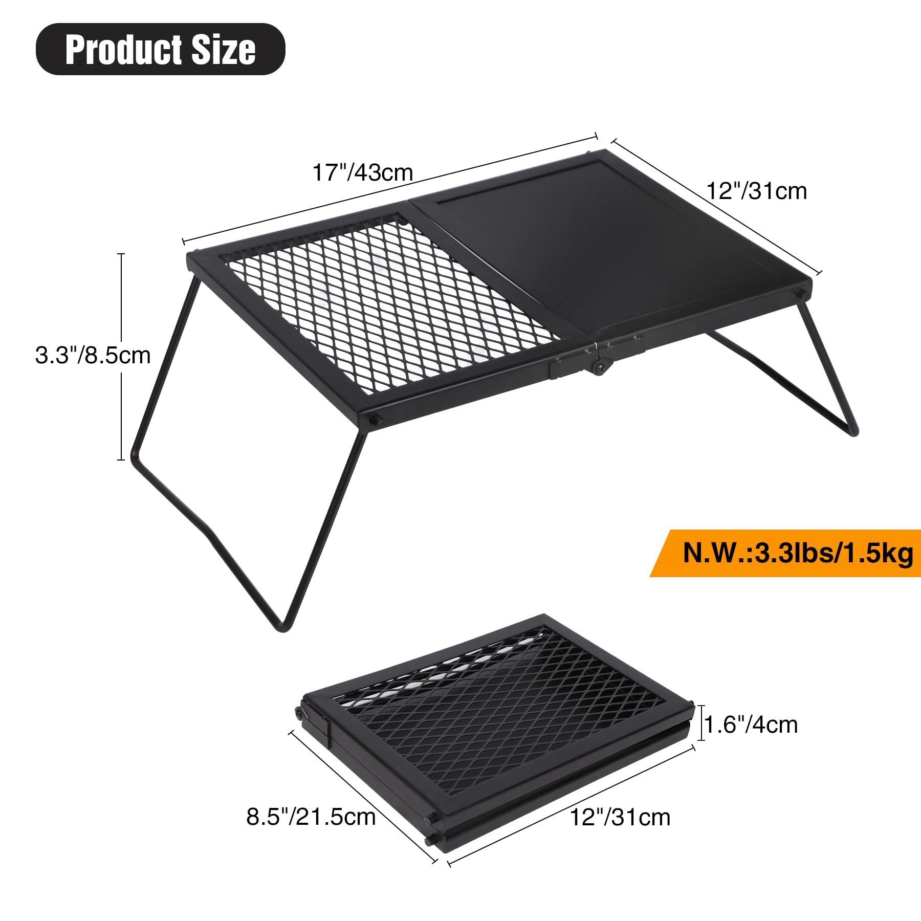 Lineslife 17'' Folding Campfire Grill Grate and Griddle, Portable Heavy Duty Steel Fire Pit Cooking Grill Grate, Camp Fire Cooking Equipment for Outdoor BBQ Picnic, Black