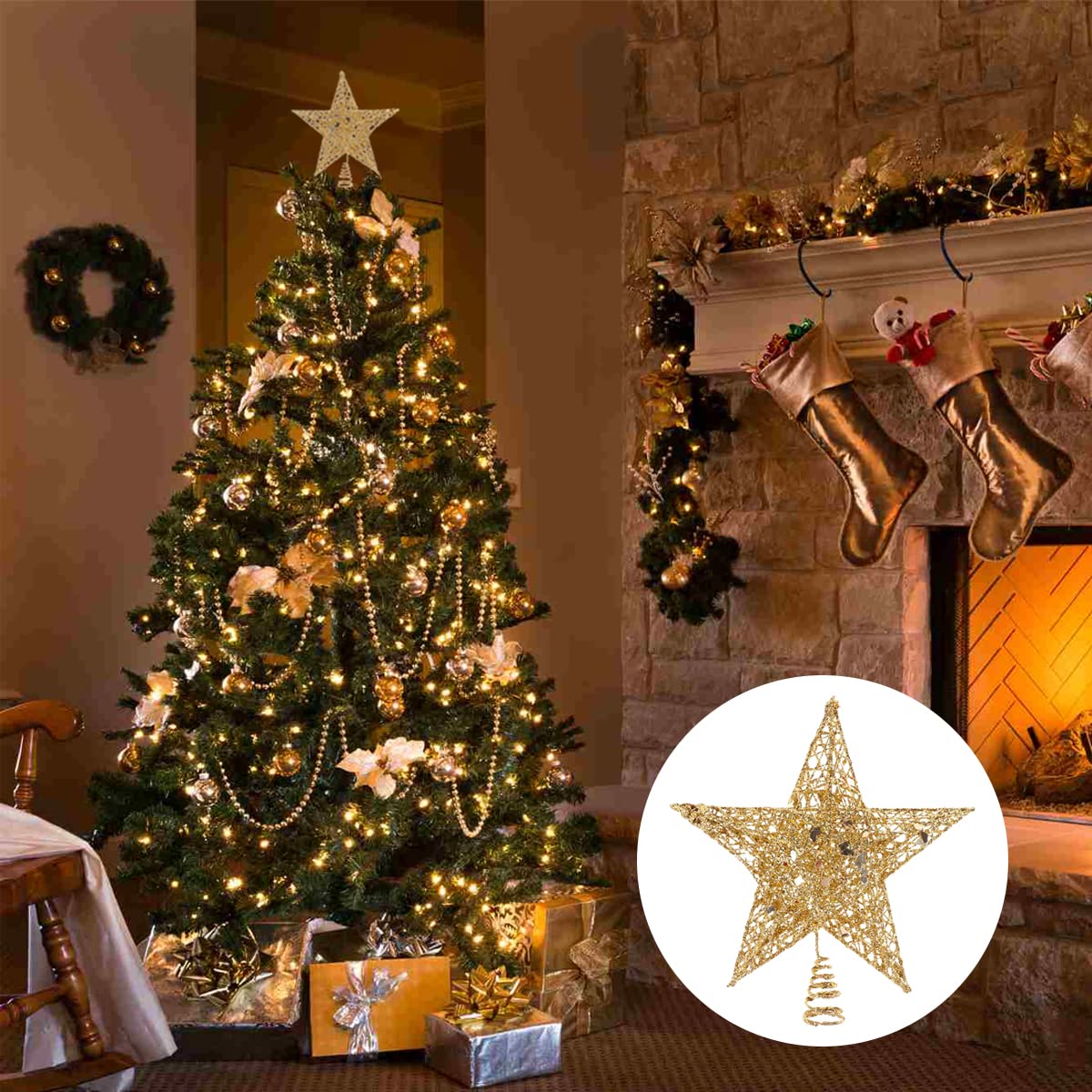 Estrella Árbol de Navidad Metal 22cm - Estrella la Copa del Árbol Brillante con Base Espiral Estable, Diseño Hueco 3D, Adornos para la Copa del Árbol Decoración Navideña Clásica, Dorado