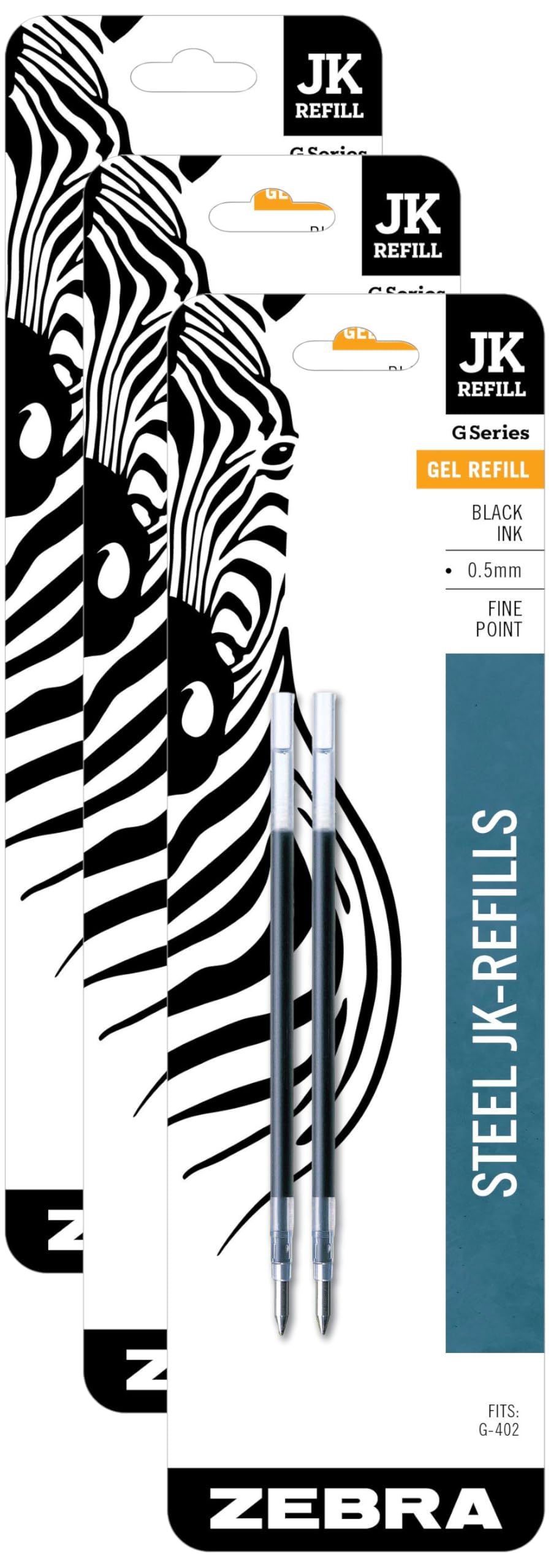 Zebra Pen G-Series Stainless Steel Gel Ink Pen JK-Refill, Fine Point, 0.5mm, Black Ink, 2 Count (Pack of 3)