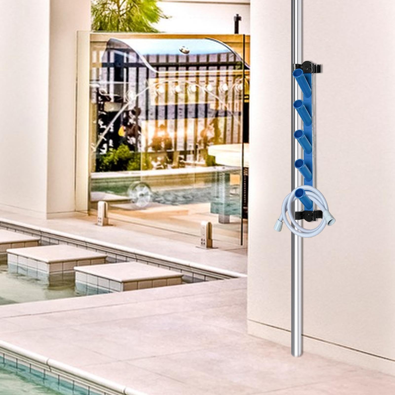 Pool Tool Organizer – 23.62 Inch Swimming Pool Storage Rack | Aluminum Vacuum Hose Storage – Holds Up to 5 Cleaning Accessories & 2 Poles Keeps Pools Area Tidy & Resistant to Outdoor Córrosion