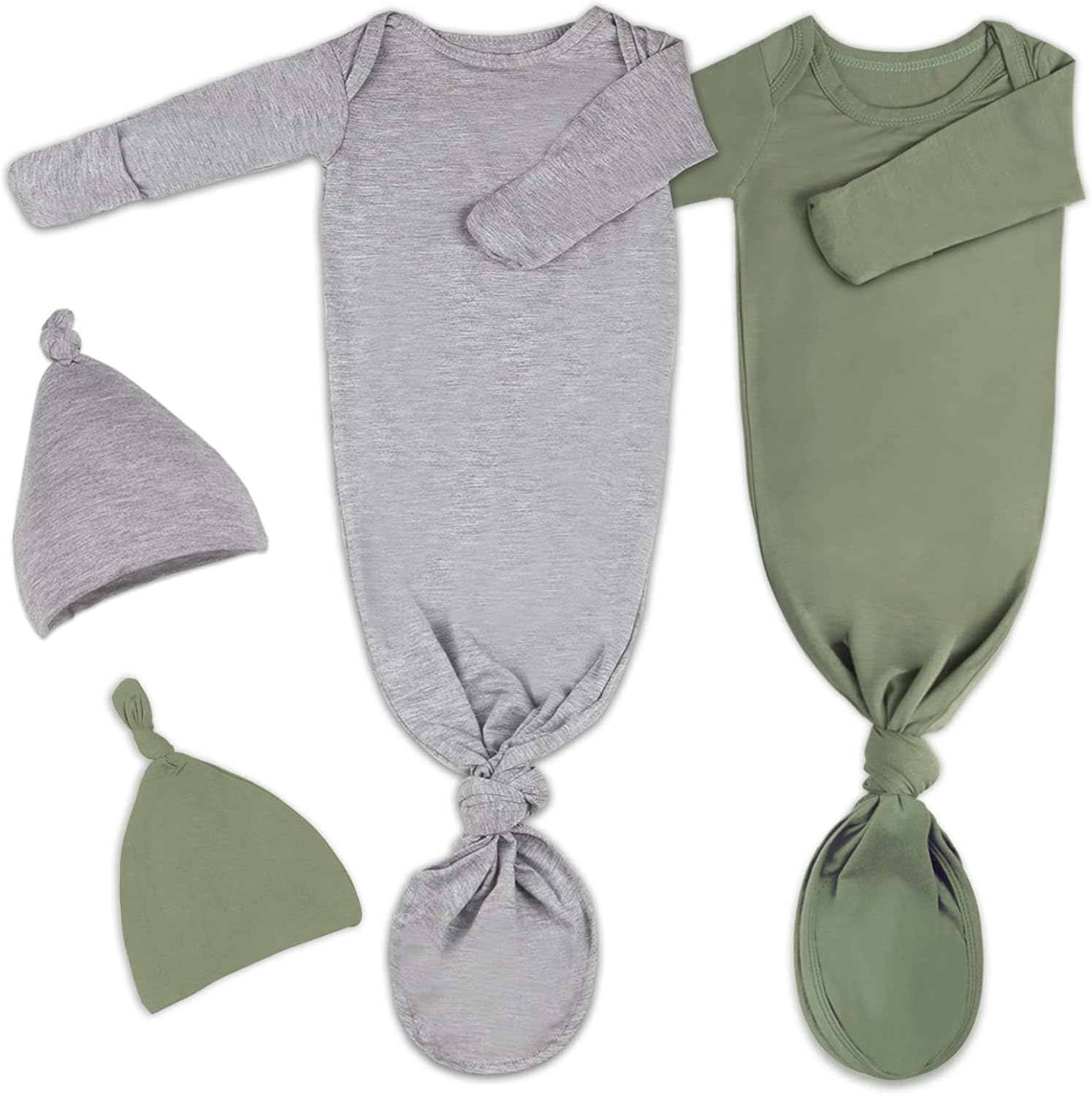 2Pk Newborn Baby Knotted Gown, Super Soft Silky Infant Long Sleeve Sleeper for Baby Sleeping with Hat or Headband (2 Packs)