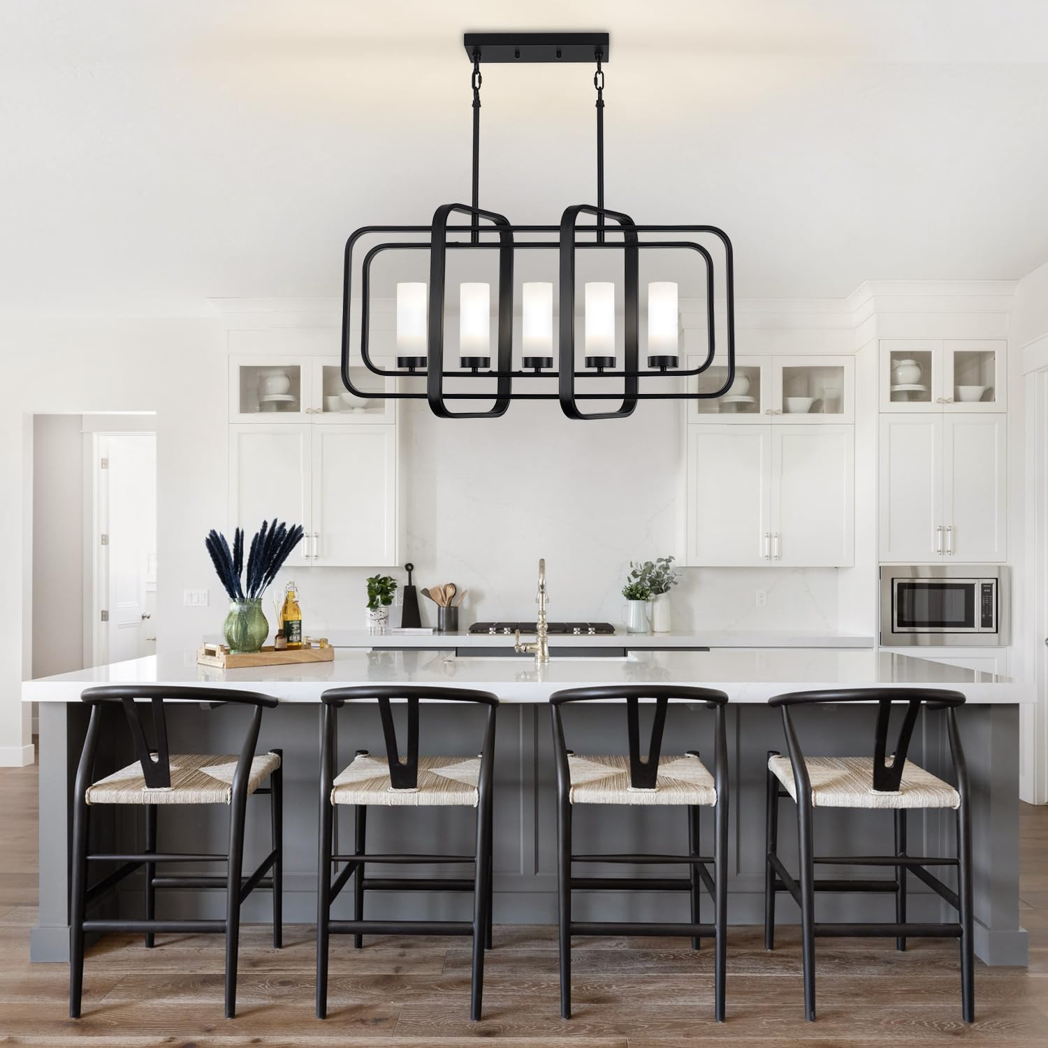 TOULMJ 5-Light Kitchen Island Lights, 31.49'' Modern Large Black Chandelier Dining Room Light Fixture Industrial Rectangle Chandelier with Frosted Glass