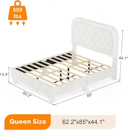 Miniatura 2 de VINGLI Base de cama individual para niños, cama de plataforma tapizada Boucle con cabecera ajustable, soporte de listones de madera resistente, cama