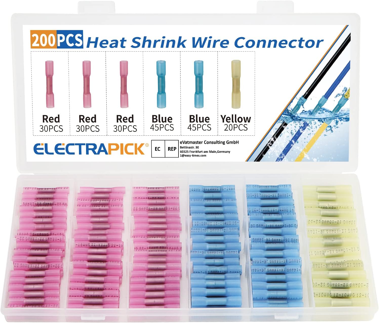 ELECTRAPICKCable Connector, 200 Pieces, Butt Connector, Crimp Connector, 22-10 AWG Waterproof Shrink Connector, Red/Blue/Yellow