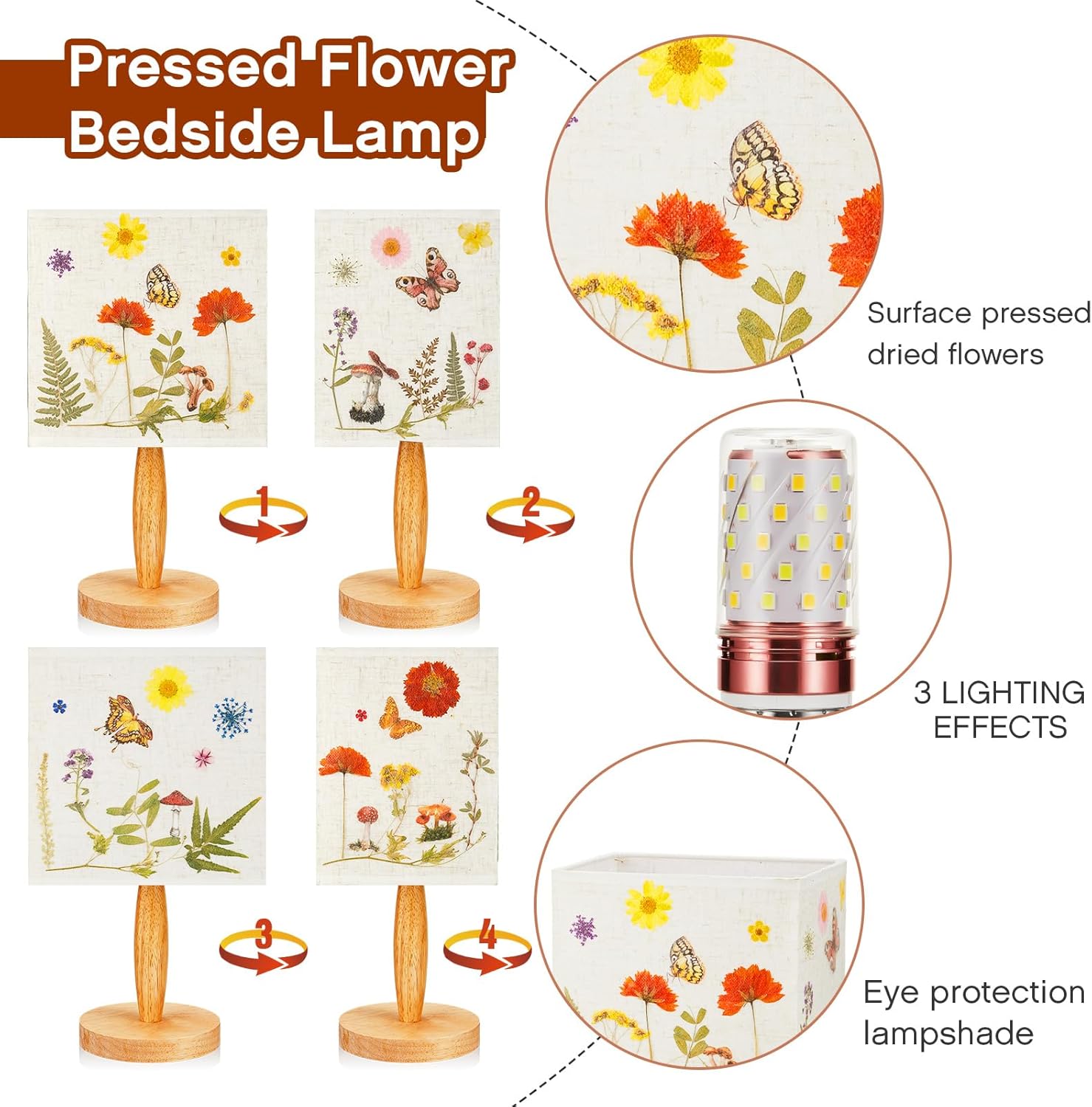 Hortsun Pressed Flower Lamp Vintage Table Small Lamp Cottagecore Decor Boho Night Light Decorative Rustic Night Light for Bedroom, Living Room or Office, Valentine Gift for Women(Square)