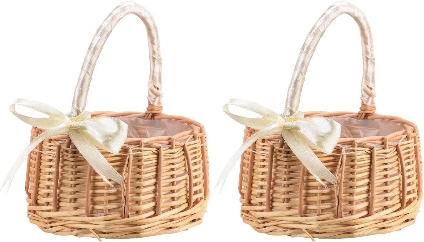 WYSRJ 2Pcs Wedding Flower Girl Basket, Wicker Rattan Flower Basket with Handle and Ribbon, Picnic Basket Woven Eggs Candy Basket for Wedding Home Garden Decor