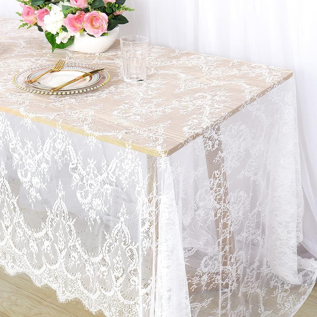 Pardecor White 2-Pack Lace Tablecloths 60x120 - Elegant Wedding Lace Table Netting Overlay for Halloween, Birthday, Parties Decorations