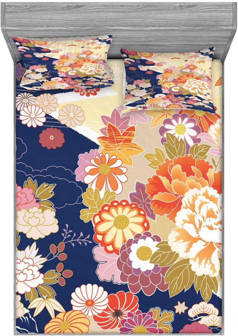 Ambesonne Japanese Fitted Sheet & Pillow Sham Set, Traditional Kimono Motifs Composition Floral Patterns Vintage Art, Decorative Printed 6 Piece Bedding Decor Set, Full, Cream Indigo