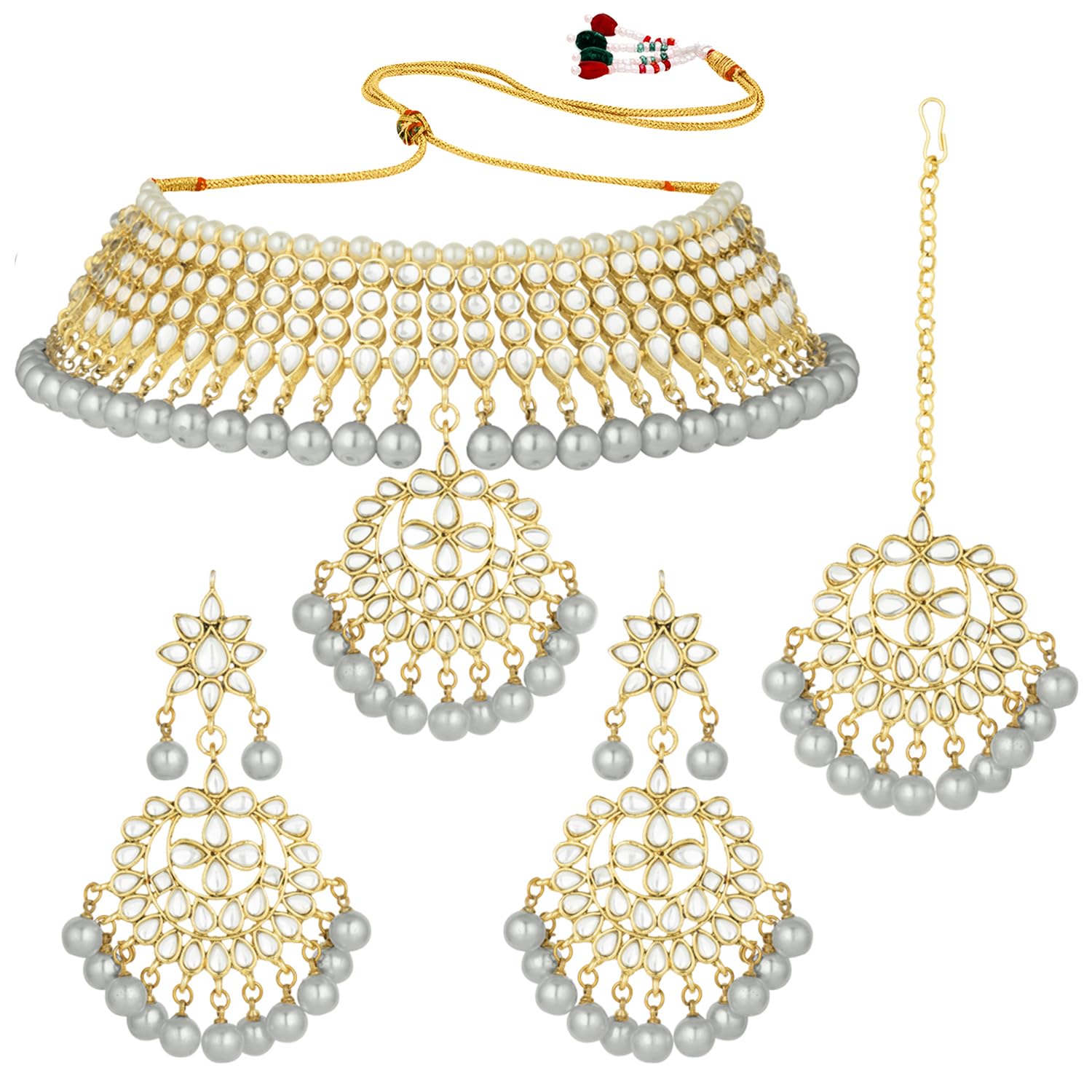 Peora 18K Gold Plated Kundan Faux Pearl Choker Necklace Earring Maang Tikka Traditional Jewellery Set for Women Girls