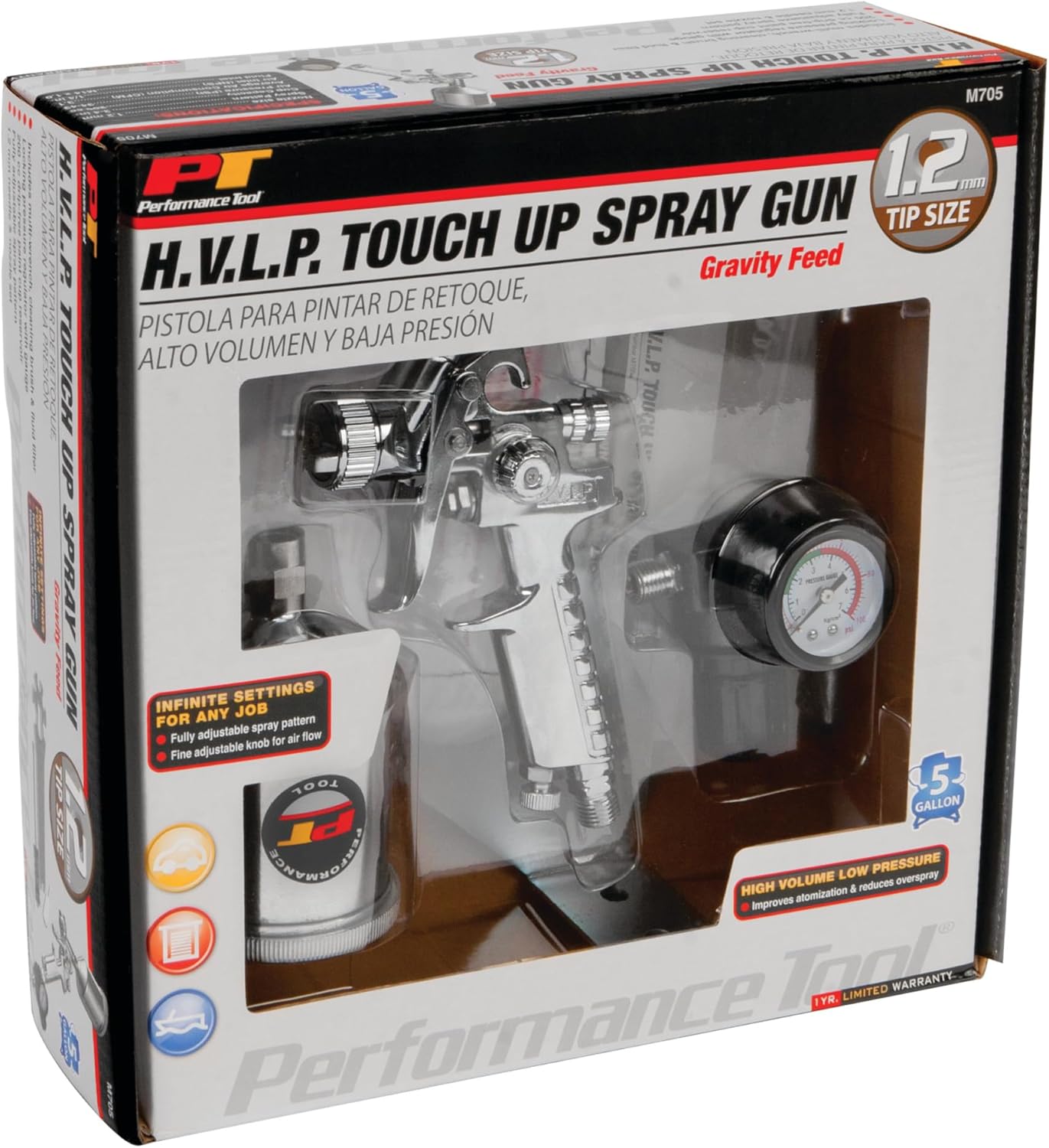 Performance Tool M705 Gravity Feed HVLP Touch-Up Gun for Precise and Efficient Painting Jobs in Tight Spaces and Hard-to-Reach Areas
