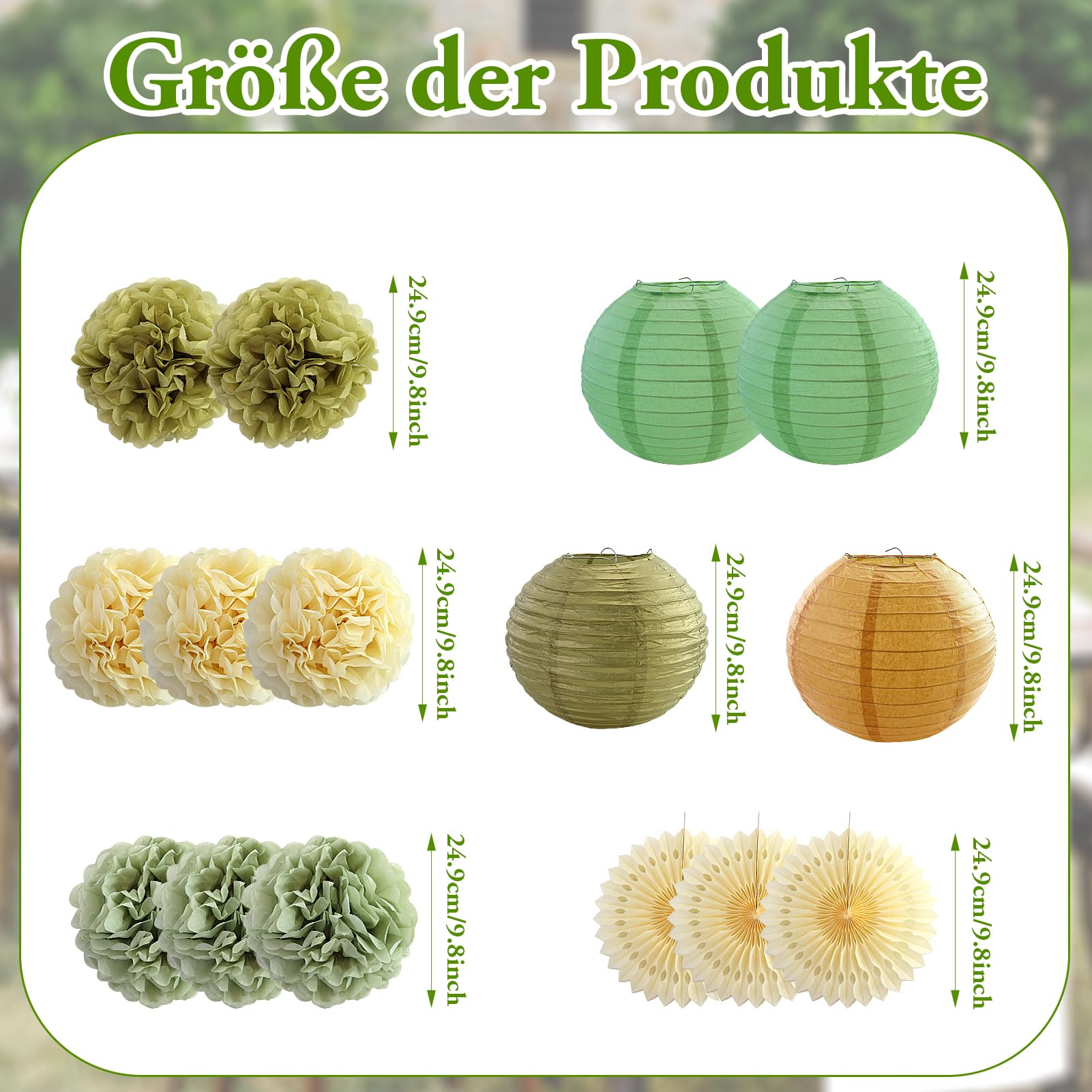 15 pezzi Decorazioni per feste verde salvia e oro, lanterne di carta verde salvia, pompon per matrimoni, fidanzamenti, baby shower, compleanni, feste
