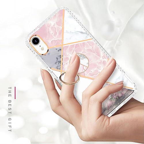 Miniatura 3 de Asuwish Funda de teléfono para iPhone XR 6.1 con protector de pantalla y soporte de anillo de mármol, a prueba de golpes, TPU silicona, resistente