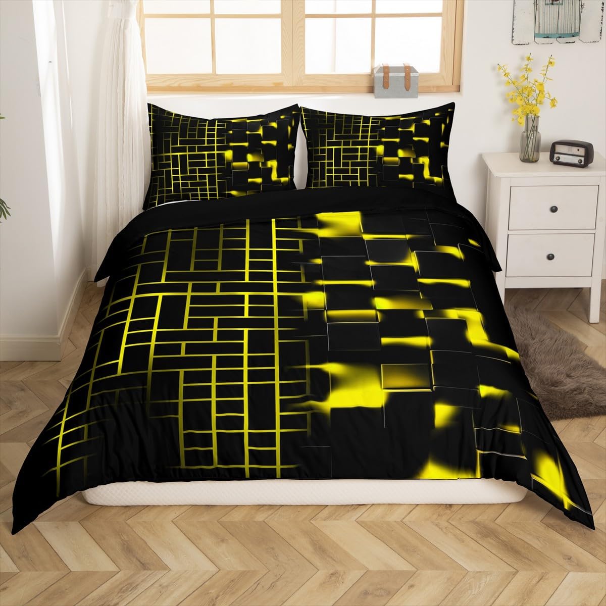 Geometric Abstract Duvet Cover Sets(NO Comforter),Gradient Square Grid Comforter Cover for Kids Adults Bedroom Decor,Geometric Print Bedding Set,Modern Checkered Plaid Quilt Cover,Toddler Size image 2