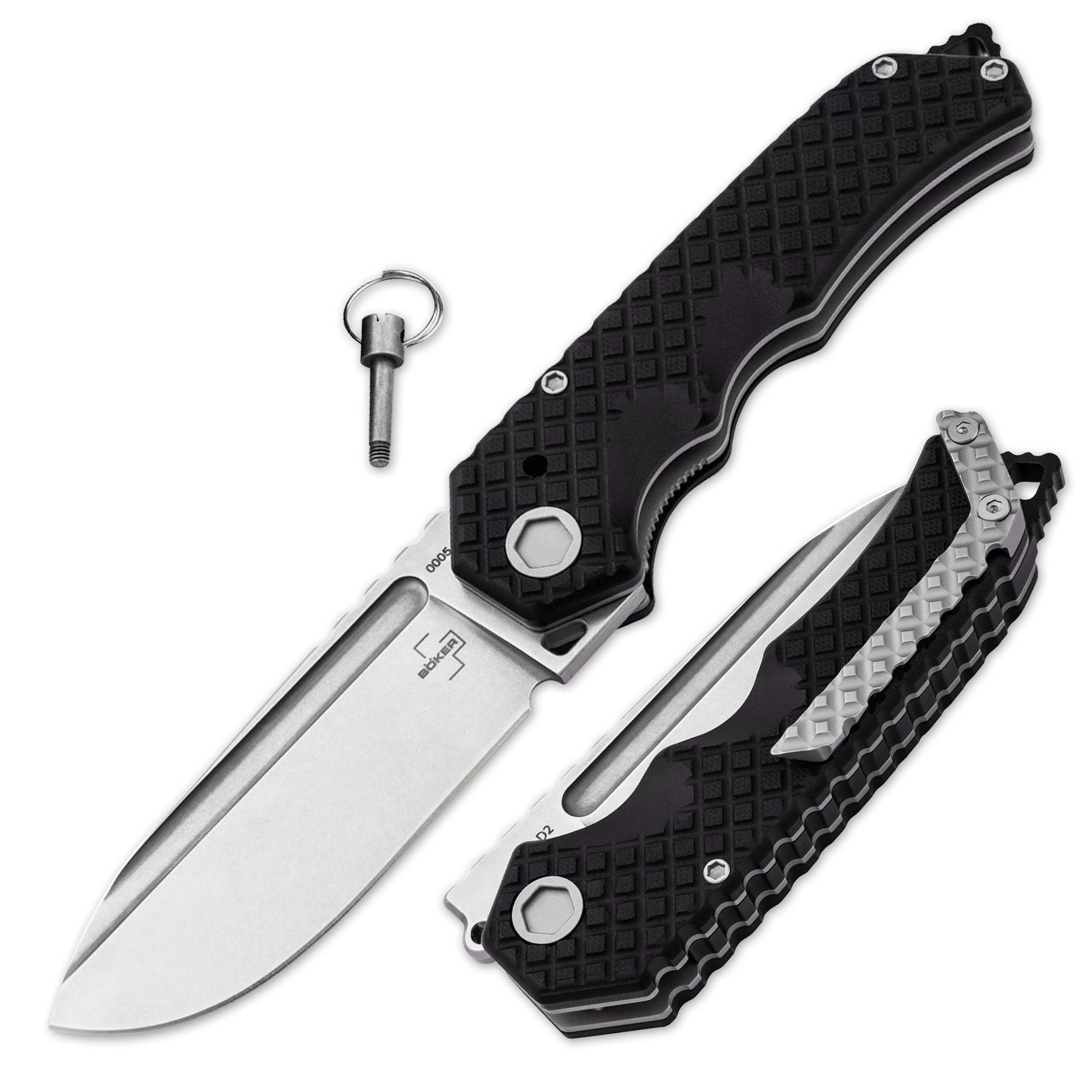 BÖKER PLUS® Hermod Folder - 42a konformes Taschenmesser 9,2 cm D2 Spearpoint Klinge - Klappmesser im taktischen Look mit Bolzen – extra scharfes Linerlock Zweihand Messer mit Glasbrecher & Etui