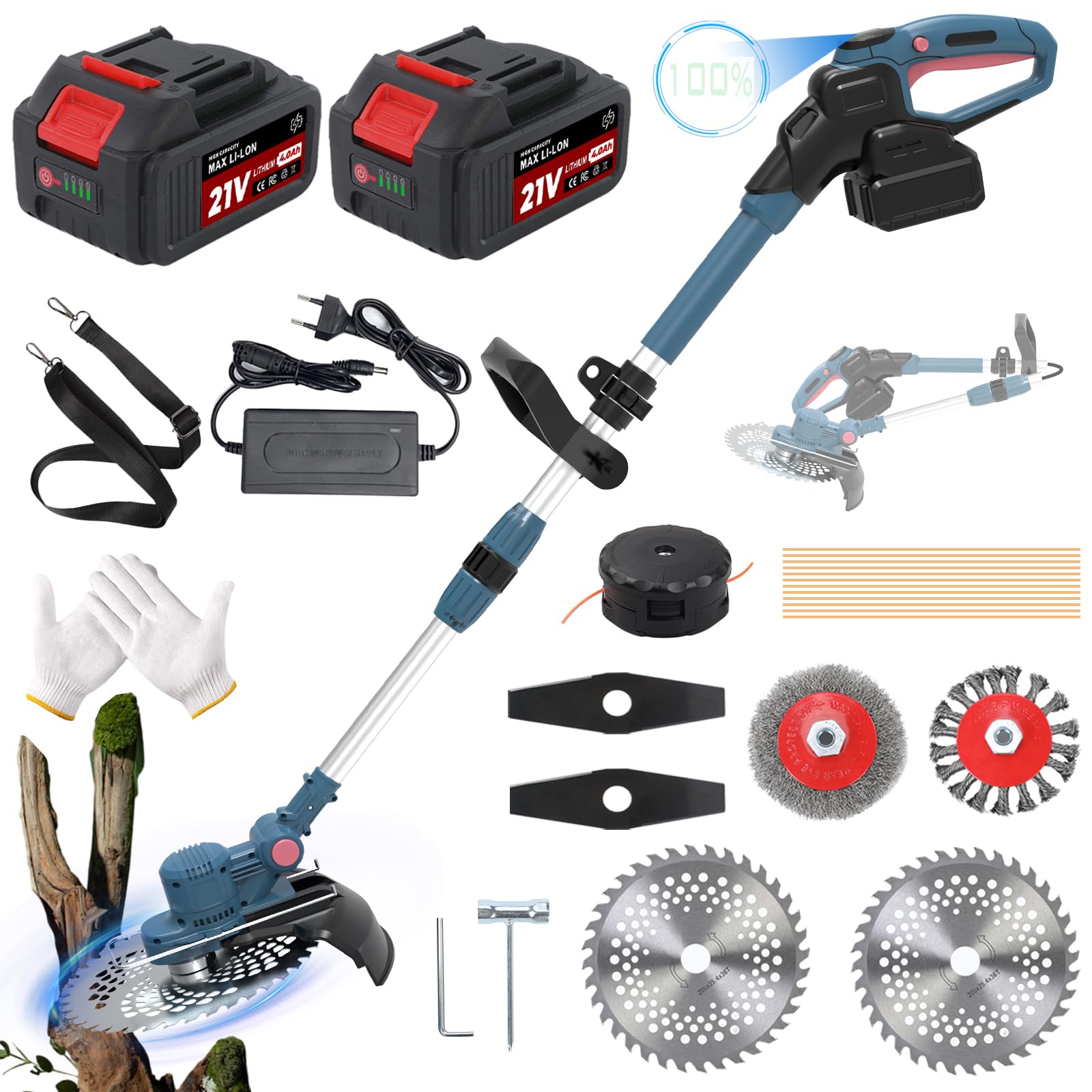 Cordless Strimmer for Makita Battery, 750W Garden Strimmer Cordless with 2 x 4.0Ah 21V Batteries and Charger, 5-in-1 Brushless Electric Grass Trimmer with Weed Brush and Blades(blue)