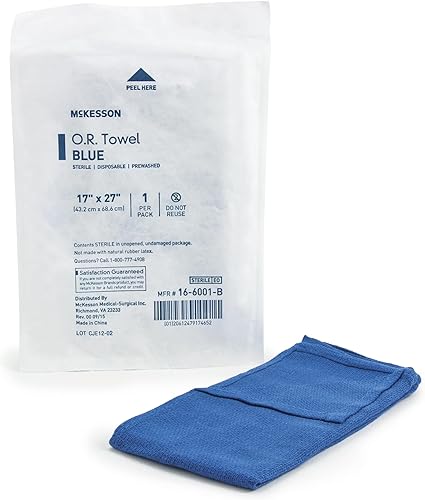 McKesson O.R. Toallas, desechables, algodón, tejido liso, prelavadas, de un solo uso, estériles, azul, 17 x 27 pulgadas, 1 unidad