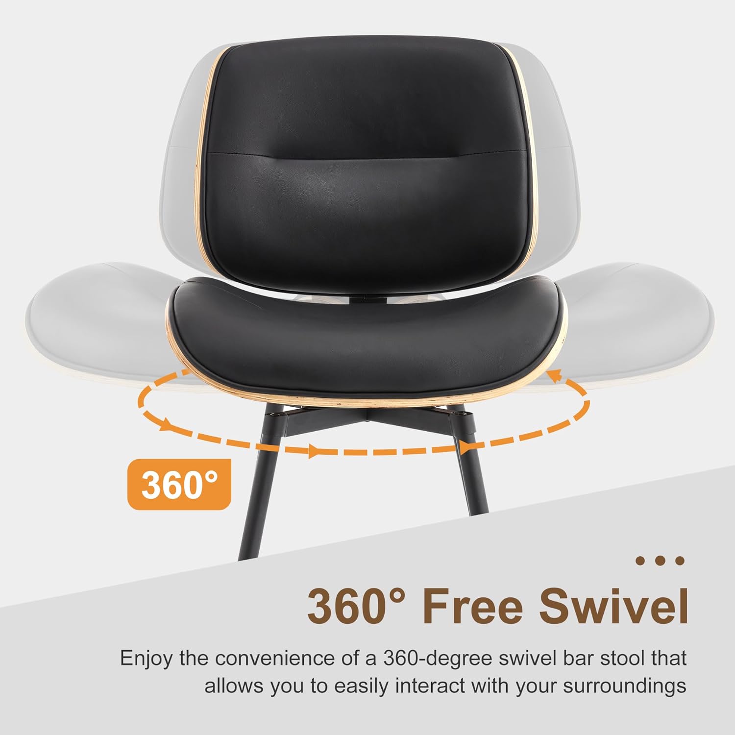 BFZ 27" Swivel Bar Stools Set of 2, Mid Century Modern Counter Height Barstools with Walnut Back and Metal Legs, Upholstered Faux Leather Bar Chairs for Kitchen Island