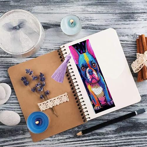 Miniatura 4 de Juego de 3 piezas de pintura de diamantes, marcadores de perro de dibujos animados con borla, marcapáginas de cuero para manualidades, manualidades