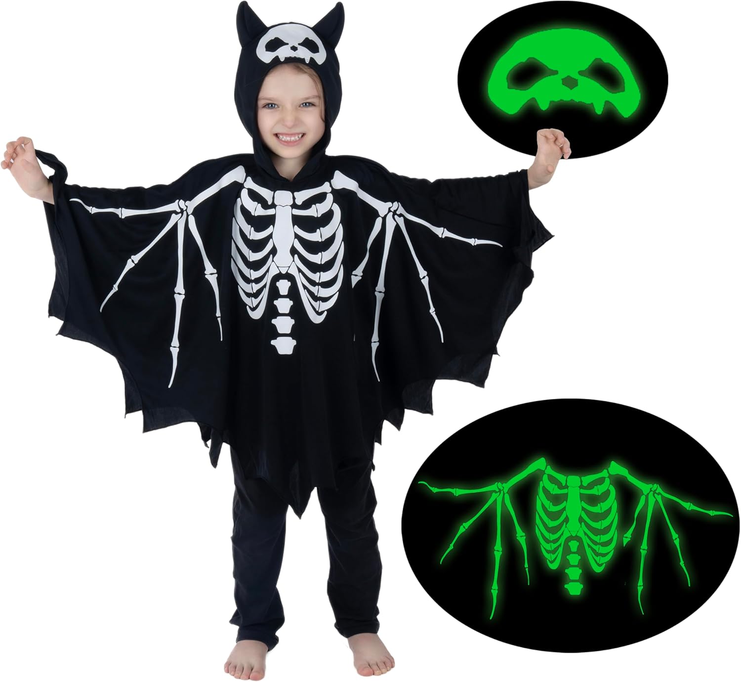 Webeasy Glow in the Dark Skeleton Bat Cape Costume Kids,Halloween Bat Costume for Girls and Boys