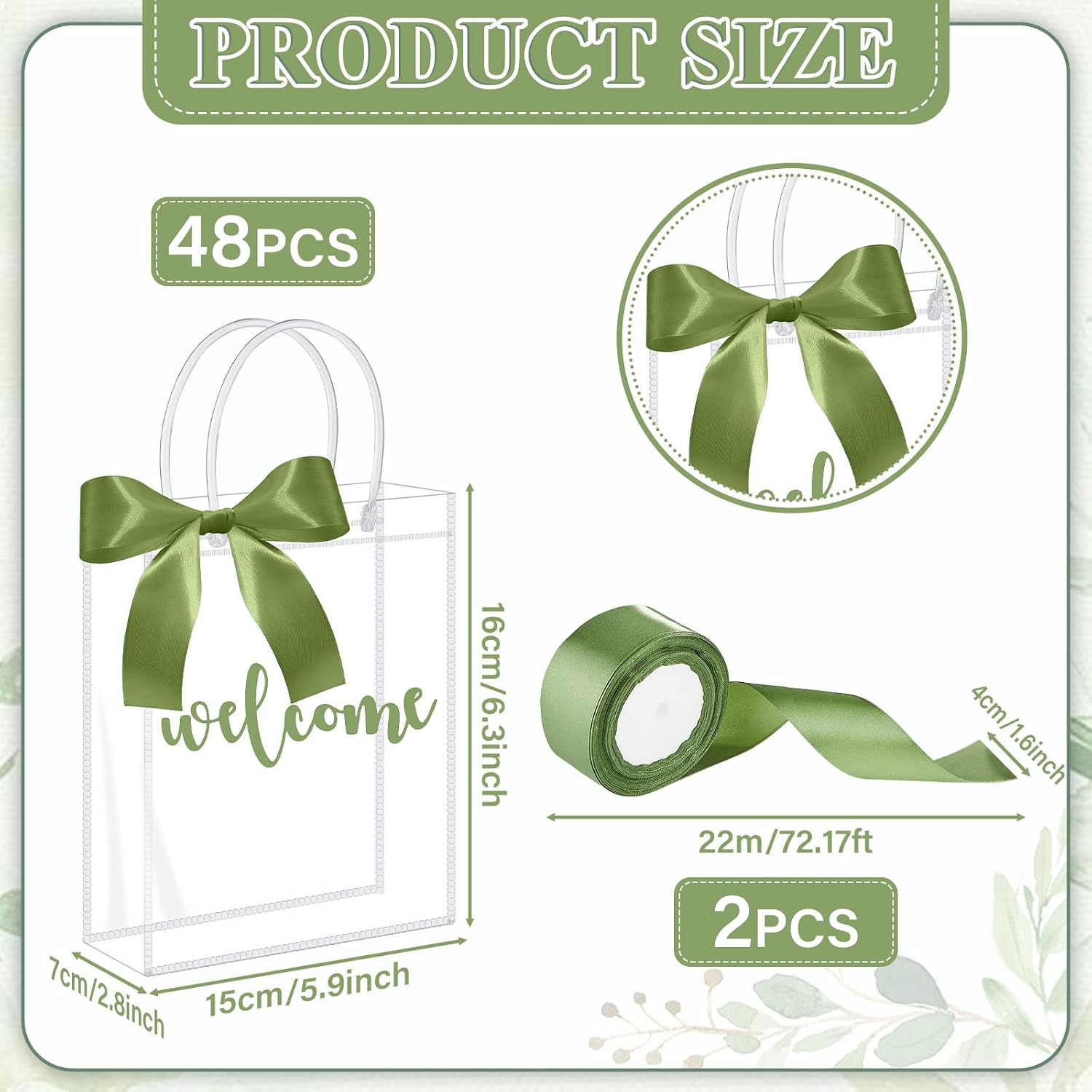 party greeting 48 Pack PVC Welcome Gift Bags with Handles Green Wedding Bags with 2 Rolls of Sage Green Ribbon Party Favor Bag Suitable for Parties Birthdays Weddings