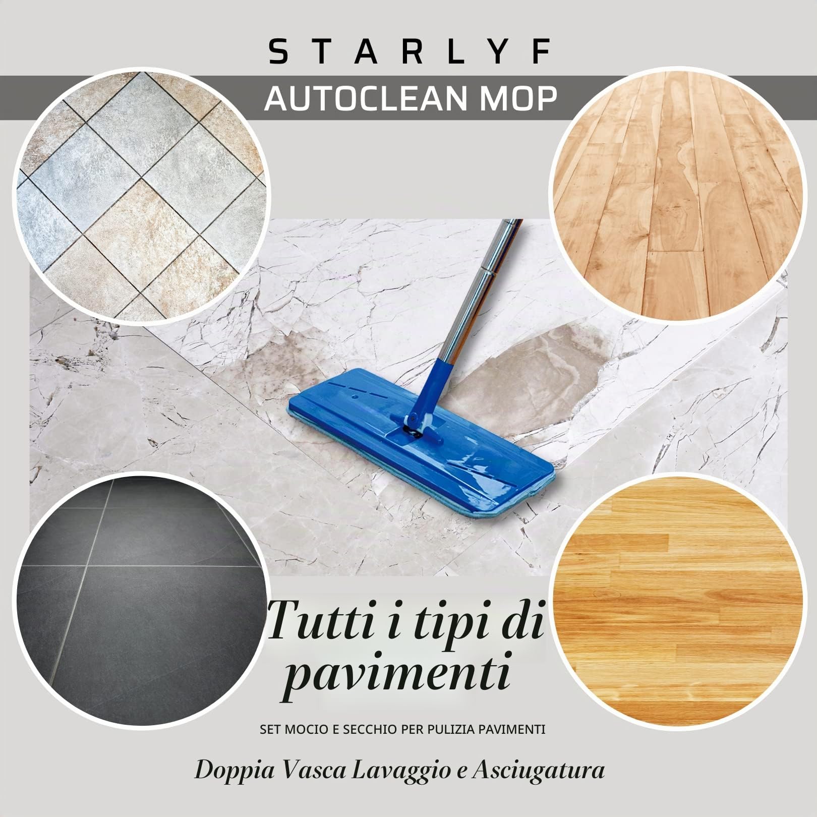 Set Mocio Lavapavimenti e Secchio Autoclean Mop 360º, Doppia Vaschetta,Uso Bagnato e Asciutto, Manico in Acciaio Inox, Panno in microfibra incluso, Mocio Lavapavimenti Rotante