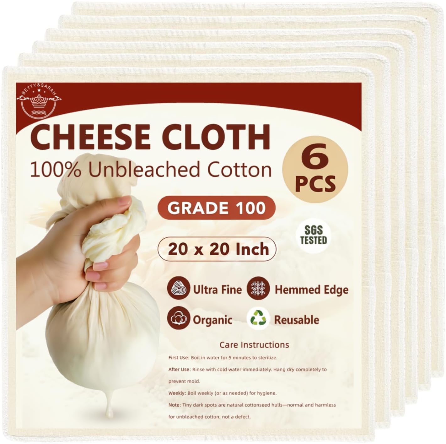 BETTY&SARAH 6 Pack Grade 100 Cheese Cloths, 20x20 Inch Unbleached Cotton