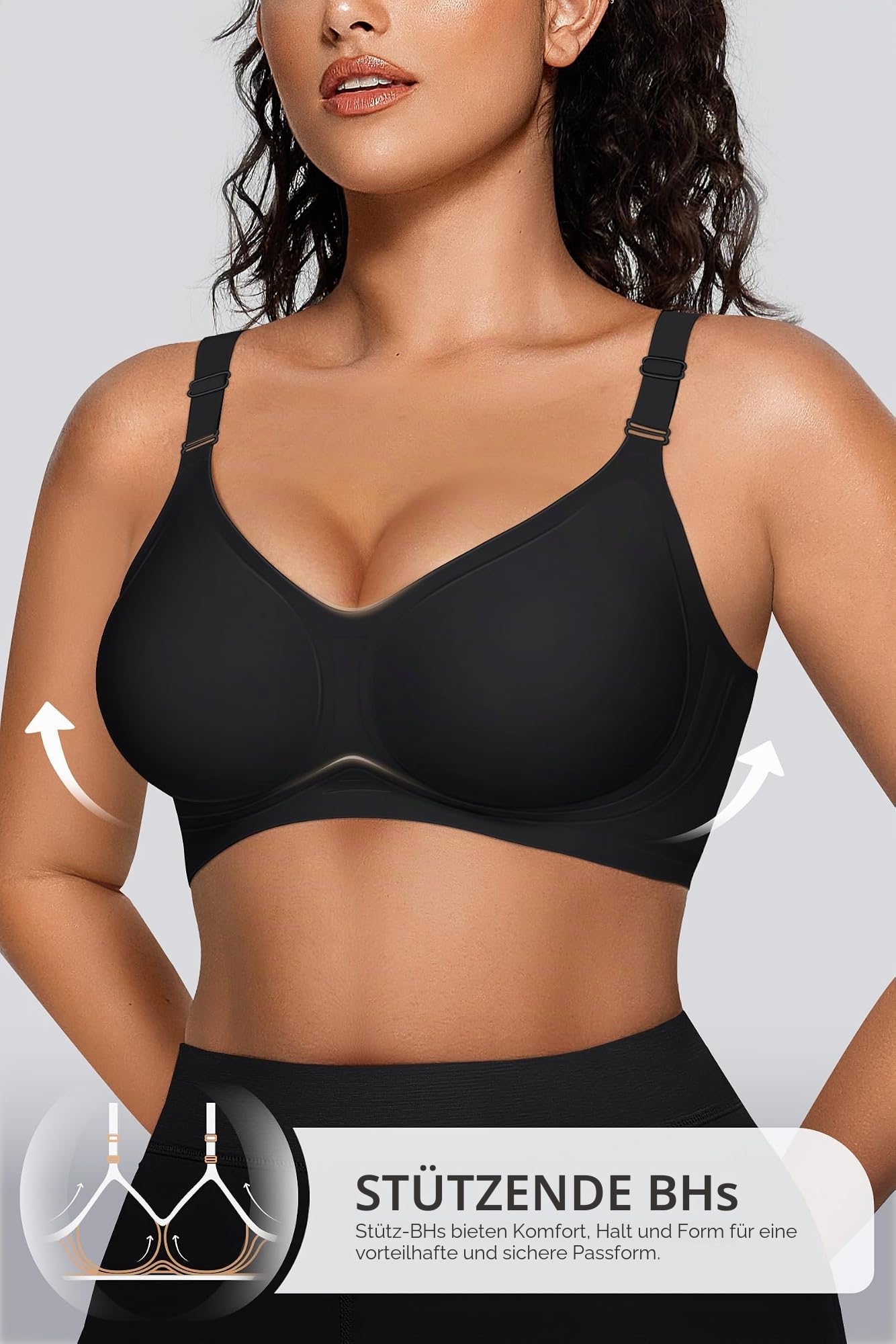 OEAK Damen BH Ohne Bügel Push Up Nahtloser V-Ausschnitt Bra Bügelloser Gepolstert Glatter Bustier Tshirt Schlaf BHS mit zusätzlicher Verlängerung (Schwarz,L)