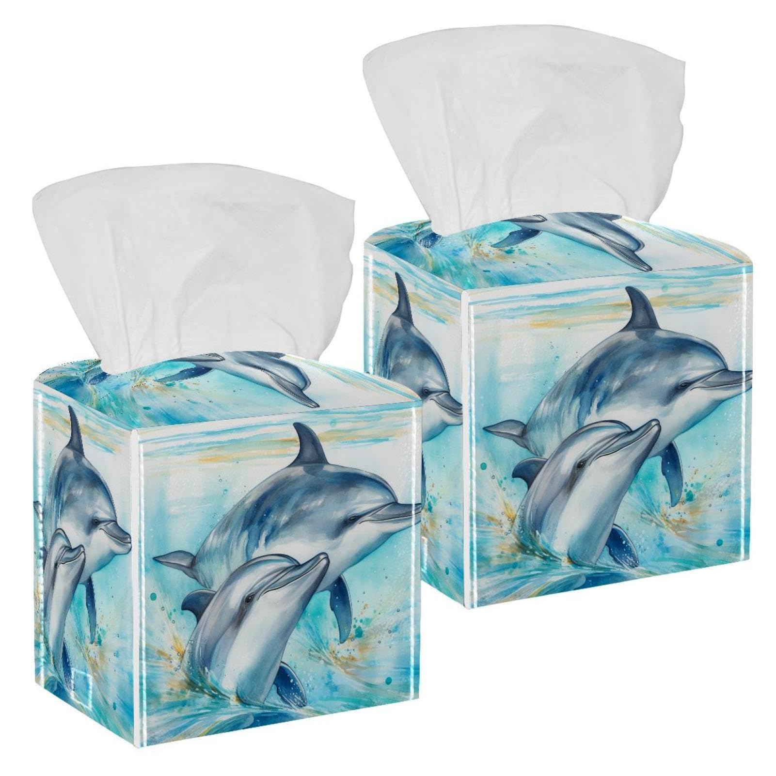 Dolphins Tissue Box Cover, 2 Pack PU Leather Square Facial Tissue Dispenser Box holder for Home Office Car