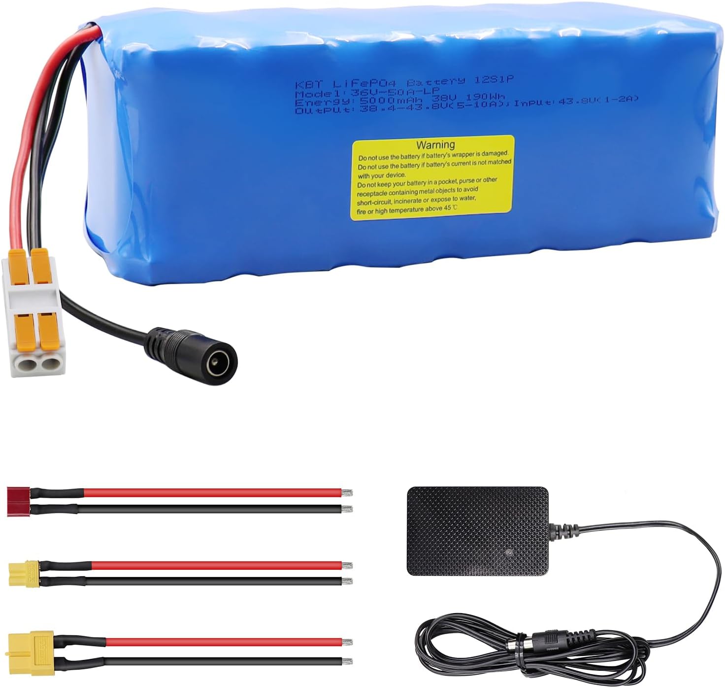 KBT 36V 5Ah Rechargeable LiFePO4 Battery Pack with Charger, Charging Cable, Cable Connector, Build-in 10A BMS