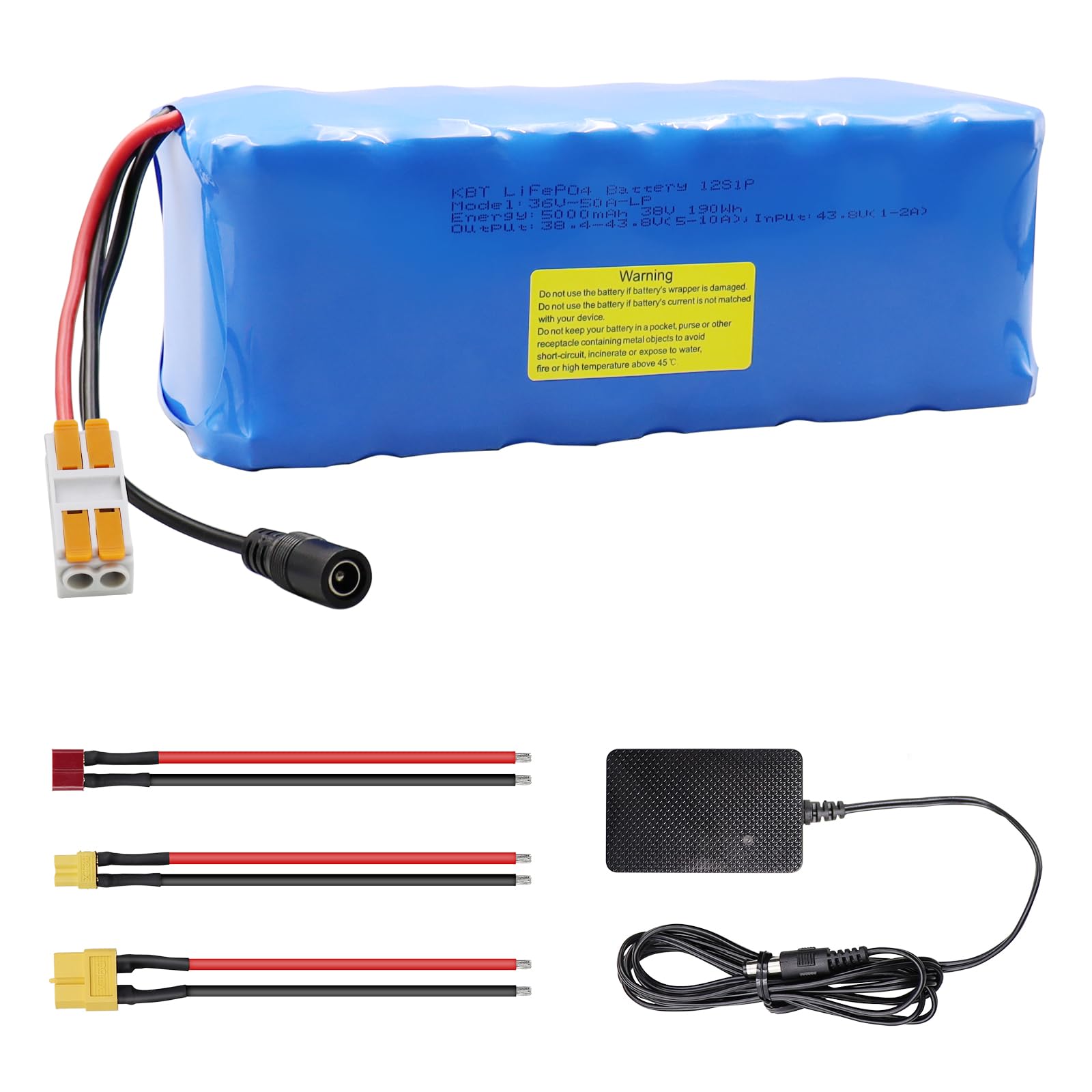 KBT 36V 5Ah Rechargeable LiFePO4 Battery Pack with Charger, Charging Cable, Cable Connector, Build-in 10A BMS
