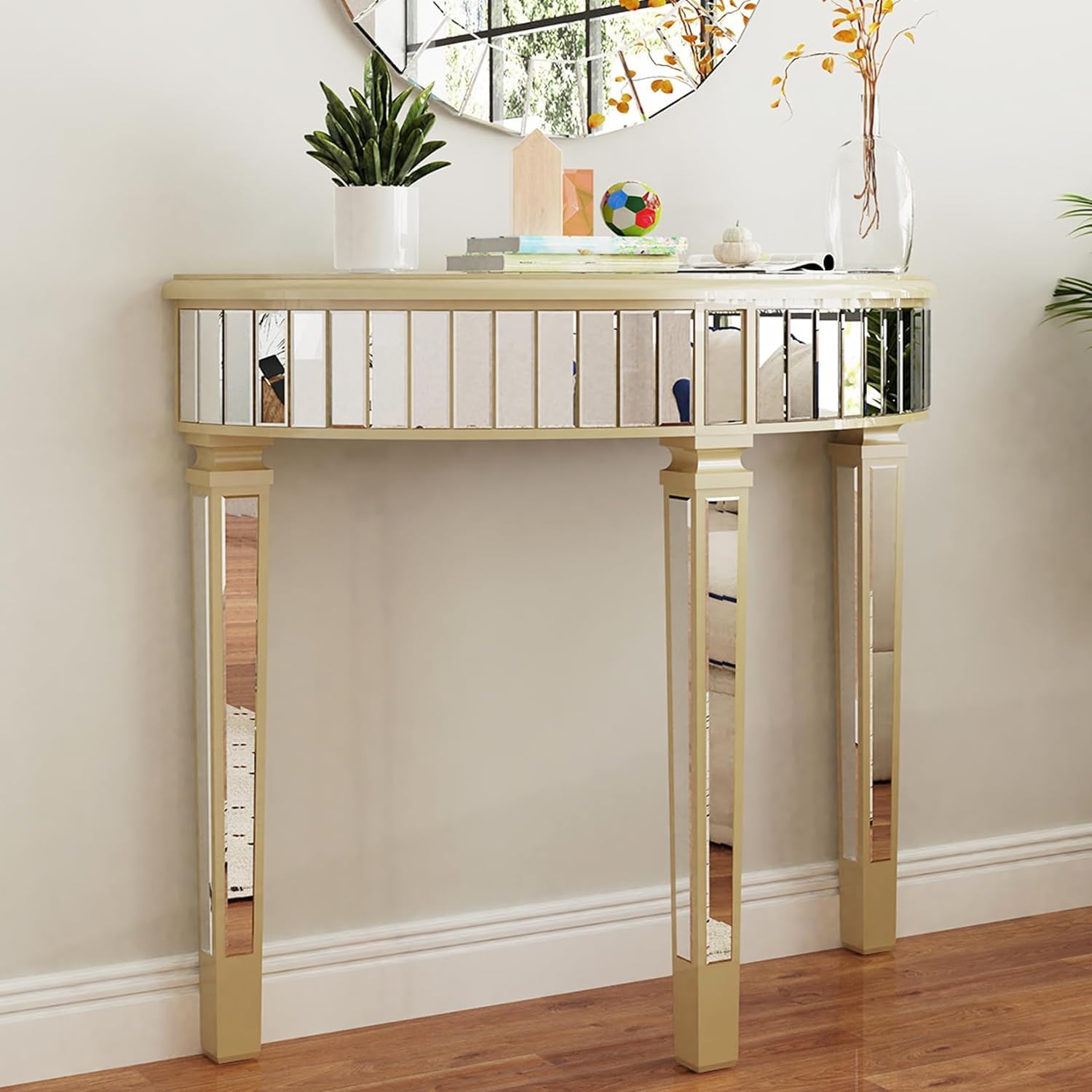 Wisfor Half Moon Mirrored Console Table: 90x35x80.5cm Semi-Circle Mirrored Entryway Table Modern Curved Sofa Side Table and Sturdy Square Column Legs for Porch, Living Room, Bedroom