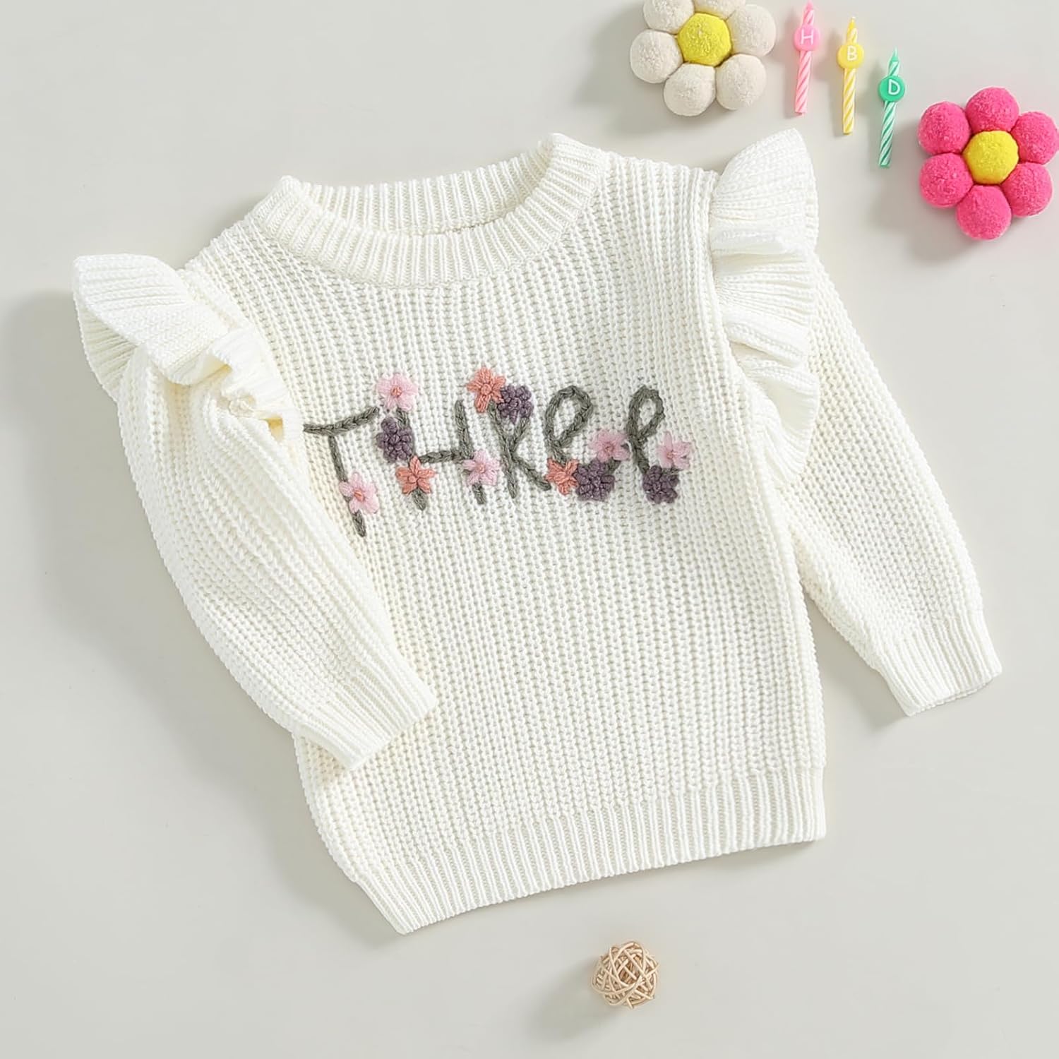 Todder Baby Girl 2 3 Years Birthday Sweater 2nd Birthday Outfits Floral 3rd Birthday Embroidery Knitted Pullover Sweatshirt (White for 3 Years Birthday, 3-4 Years) - Image 4
