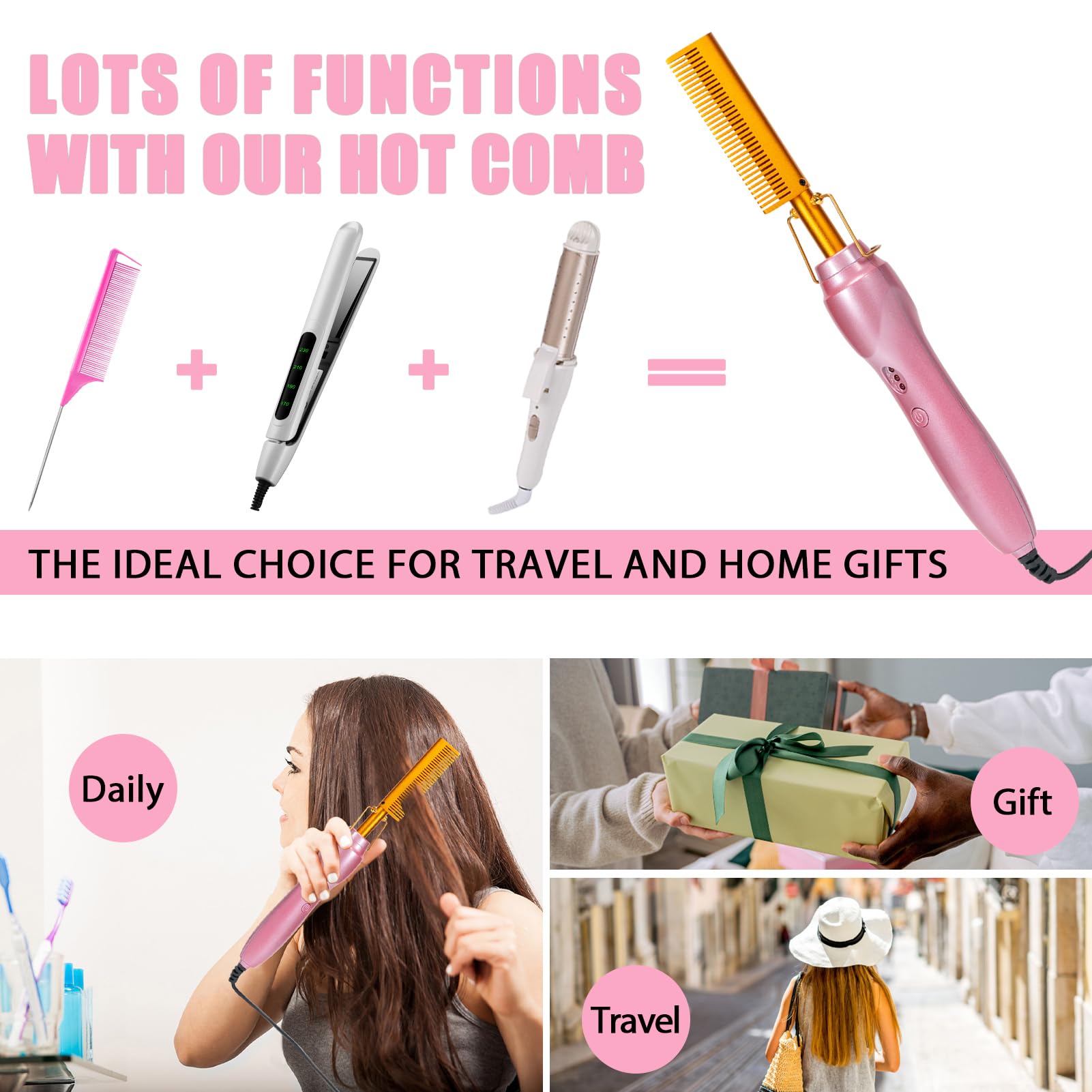 Electric Hot Comb Hair Straightener Set for Wigs and Natural Hair