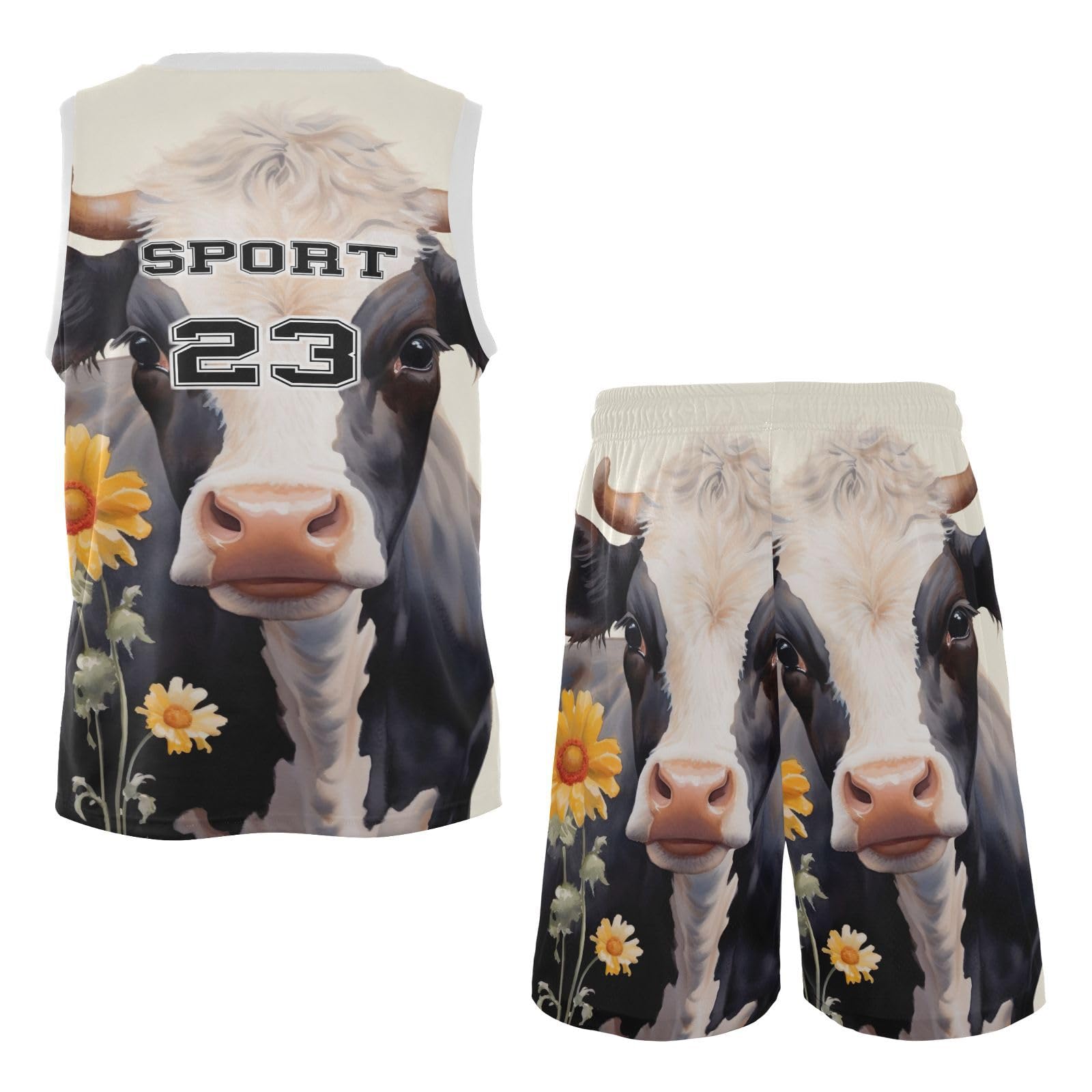 FLildon Watercolor Cow Daisy Boys Basketball Jersey Set Tank Top Shorts Tracksuit Sport Training Suit for Kids