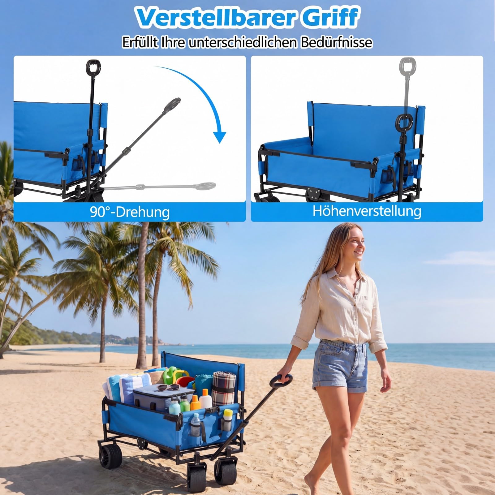 COSTWAY 2 in 1 Bollerwagen faltbar mit Sitzbank, Strandwagen mit verstellbarem Griff, Kissen & Seitentaschen, Handwagen bis 80 kg Belastbar, Gartenwagen Transportwagen für Camping, Einkaufen (Blau)