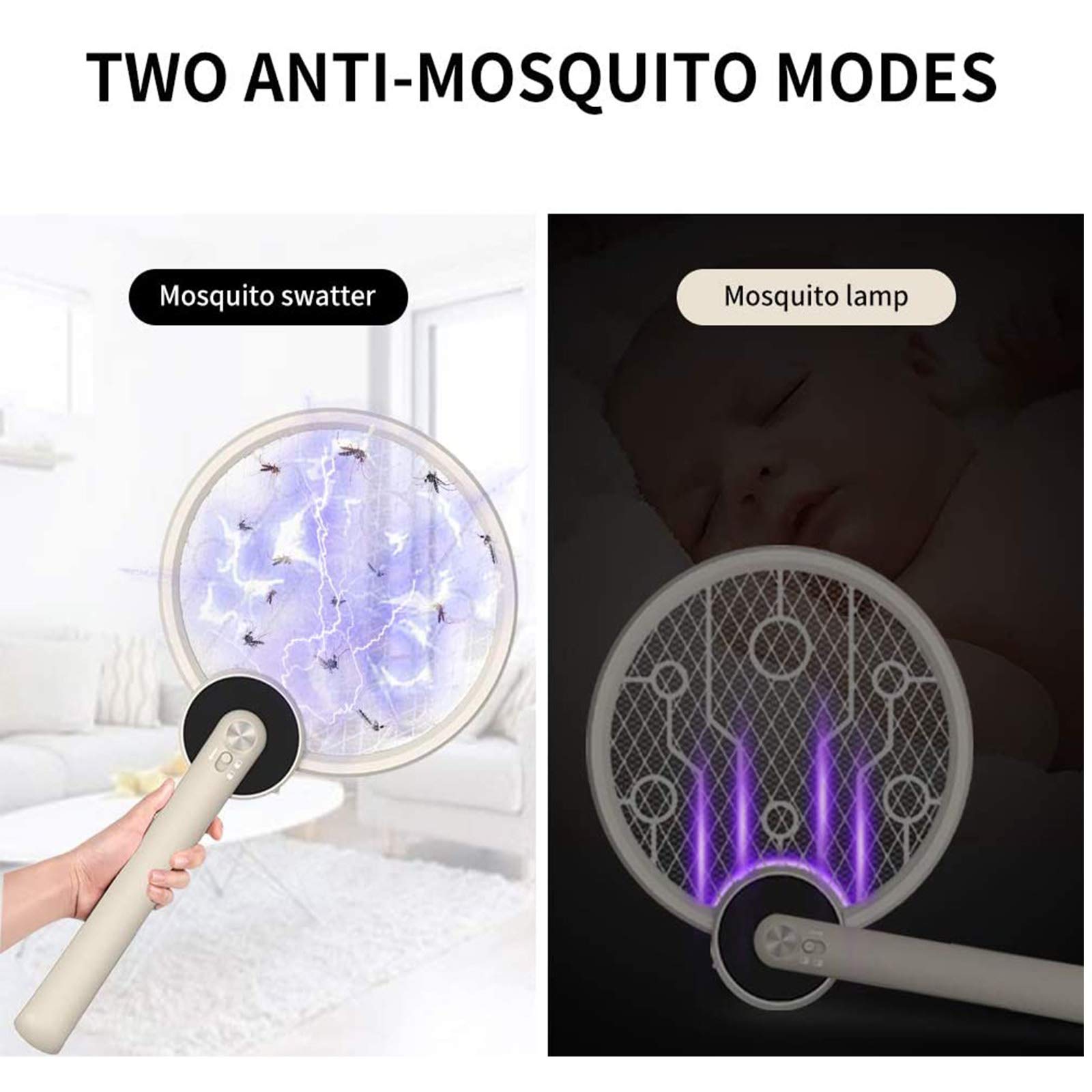 Racchetta Elettronica Fly Swatter, Racchetta Pieghevole e Lampada Anti-Zanzara con Luce UV, Illuminazione a LED, USB Ricaricabile, 3 Strati di Rete di Sicurezza, Perfetta per Interni ed Esterni