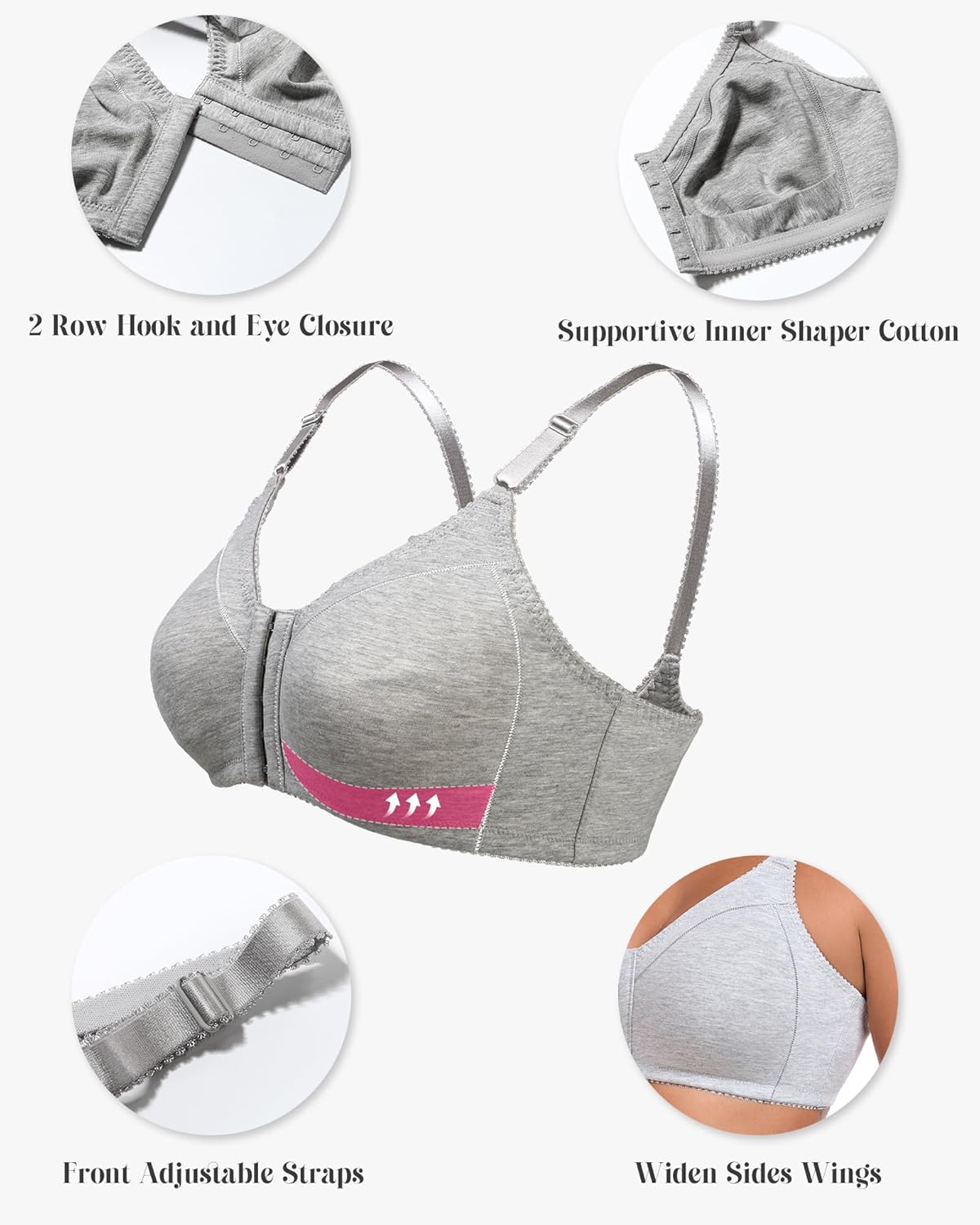 HACI Women's Front Closure Cotton Bra Wirefree Unpadded Full Coverage Everyday Bralette - Image 2