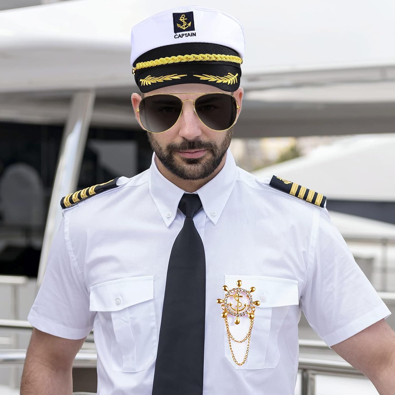 Halloween Yacht Captain Costume Include Captain Shirt,Hat,Glasses,Tie,Patches and Badge for Men Party Dress Up