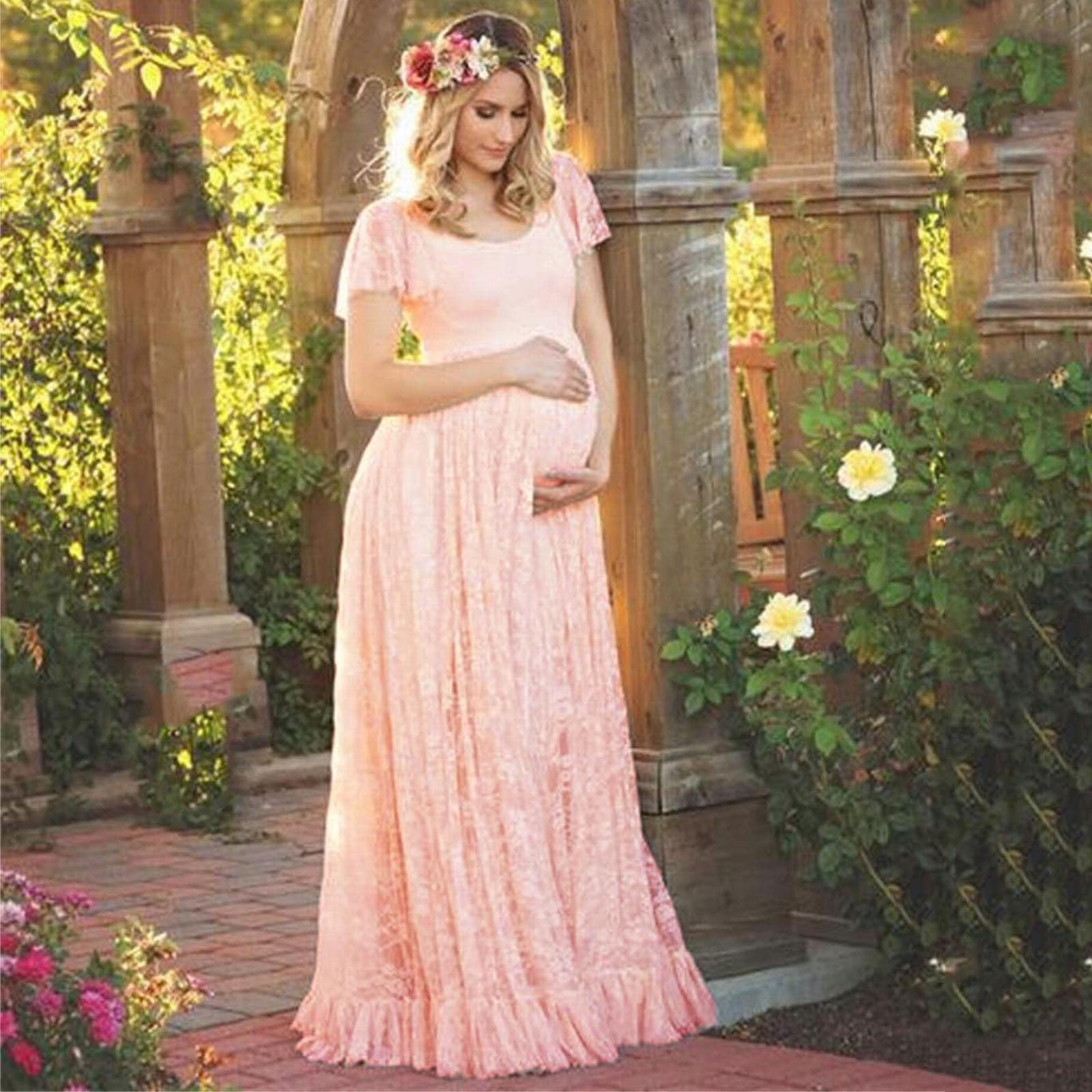 Generisch Vestido de maternidad de encaje con volantes de manga corta, vestido largo, fotografía, vestido de maternidad con mangas voladoras