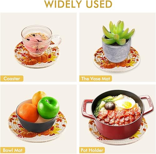 Miniatura 5 de Salvamanteles de calabazas amarillas, 2 unidades, hojas de otoño, redondas, tejidas, para mesa de cocina, protector de encimera, almohadillas