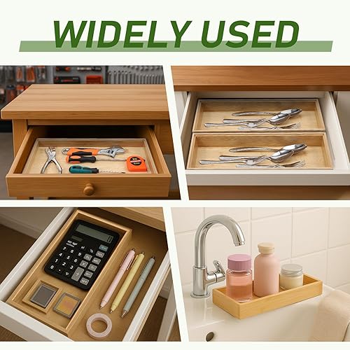 Miniatura 4 de Juego de 2 organizadores de cajones de bambú, apilables de 15 pulgadas, bandejas organizadoras de almacenamiento de madera individuales para cocina,